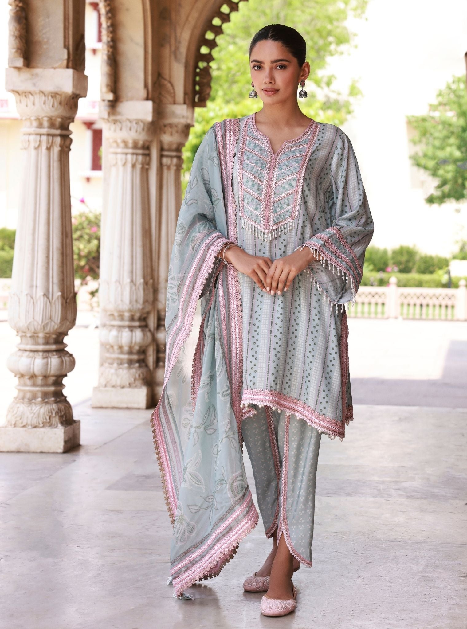 Mulmul Organza Printed Vanera Light Blue Dupatta