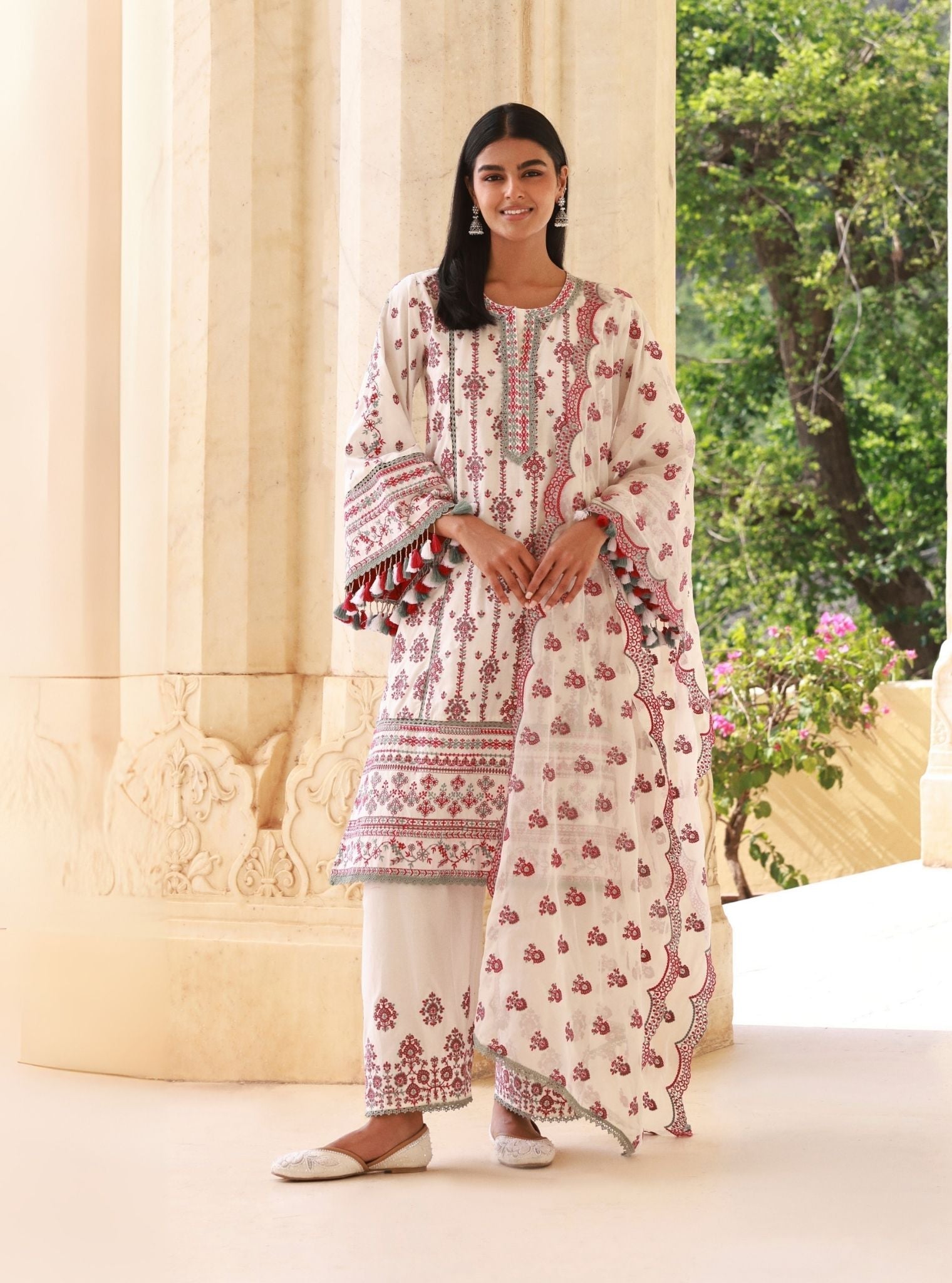 Mulmul Supima Cotton Lomeya White Fuschia Teal Blue Dupatta