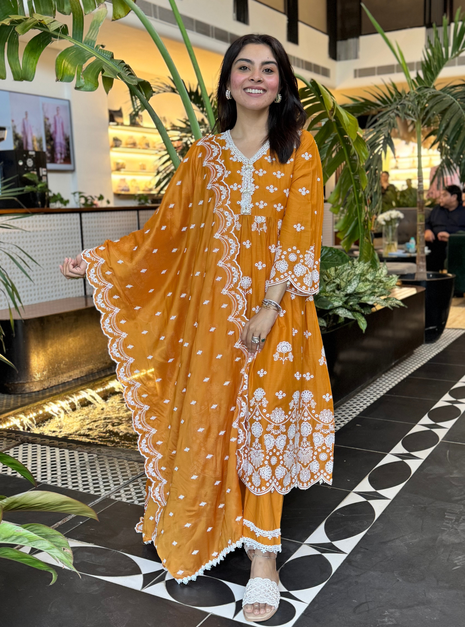 Nilan Supima Cotton Orange Anarkali Kurta Set