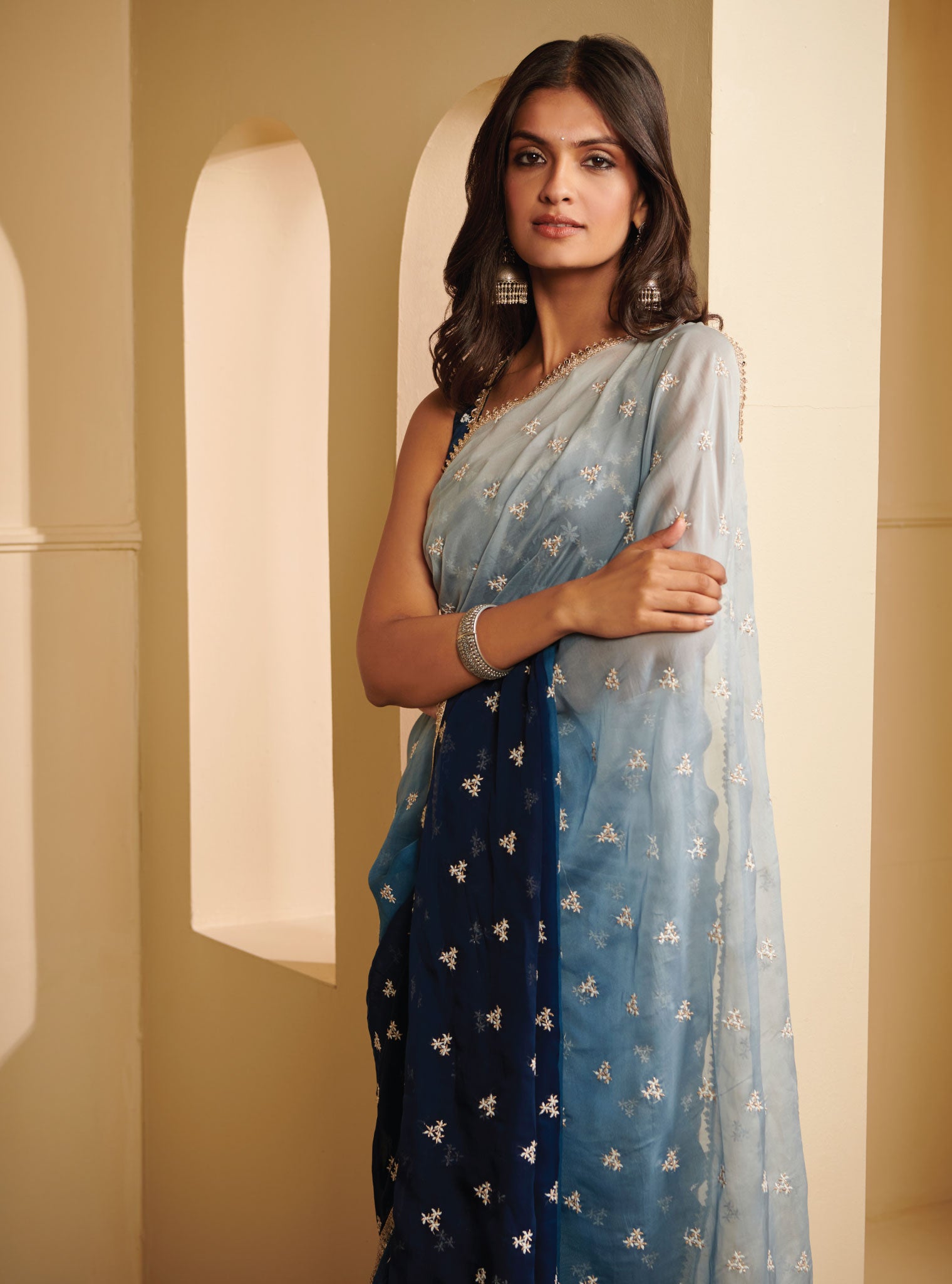 Ombre Dhiti Organza Navy Saree