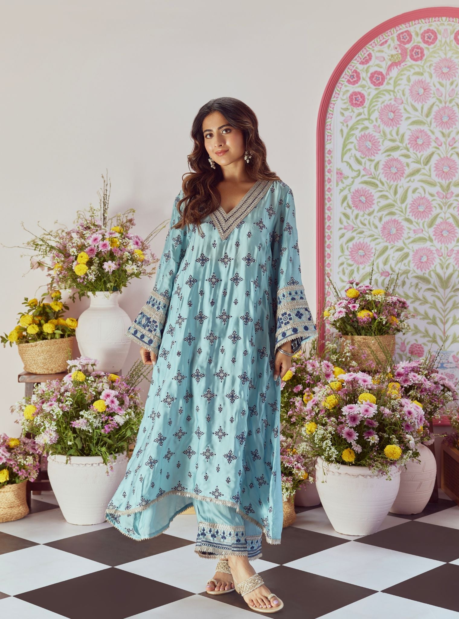 Mulmul Cupro Satin Anni Blue Kurta With Mulmul Cupro Satin Anni Blue Pant