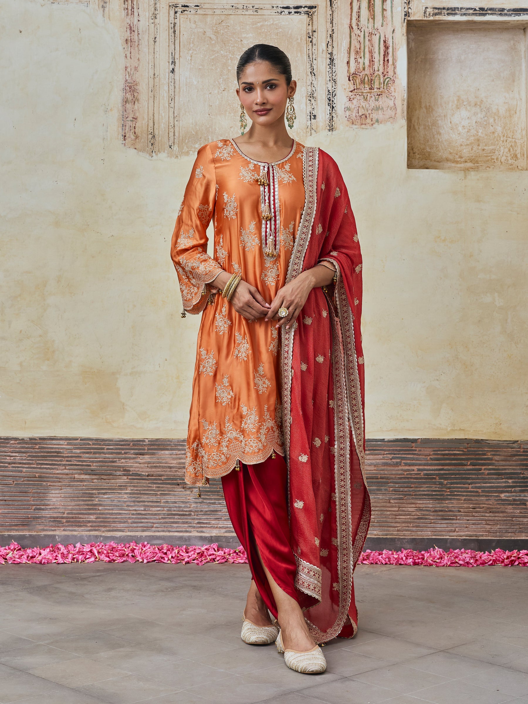 Saazni Cupro Satin Orange Kurta with Red Dhoti Pants