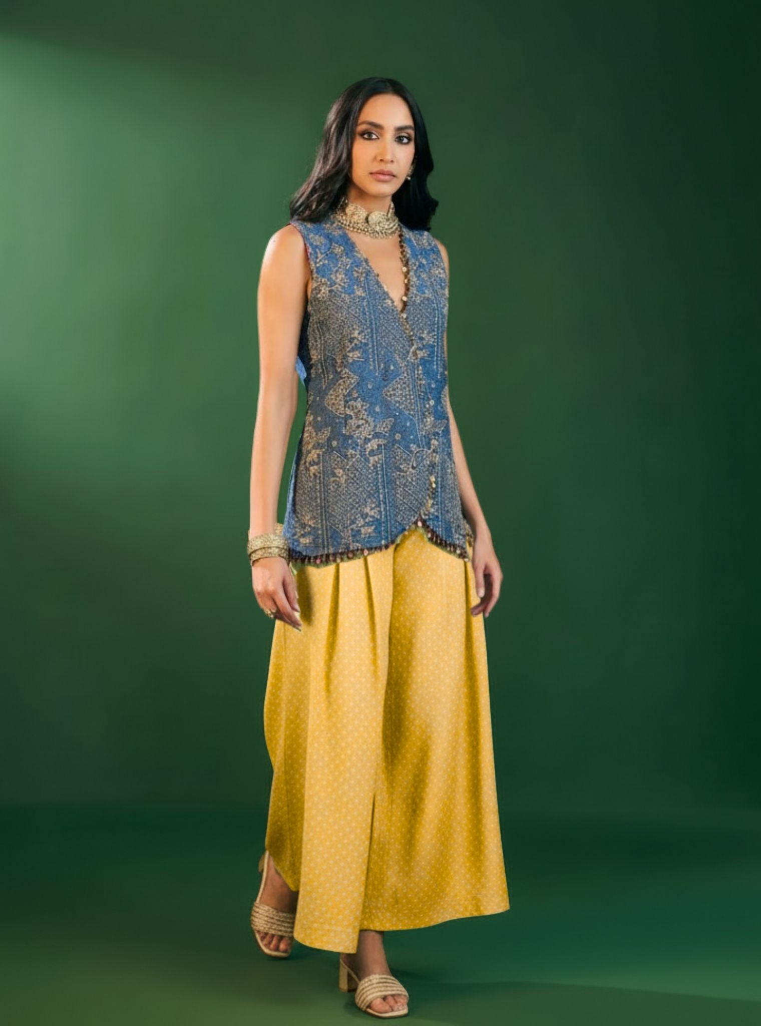 Lunira Denim Waistcoat With Cupro Satin Printed Mustard Pant
