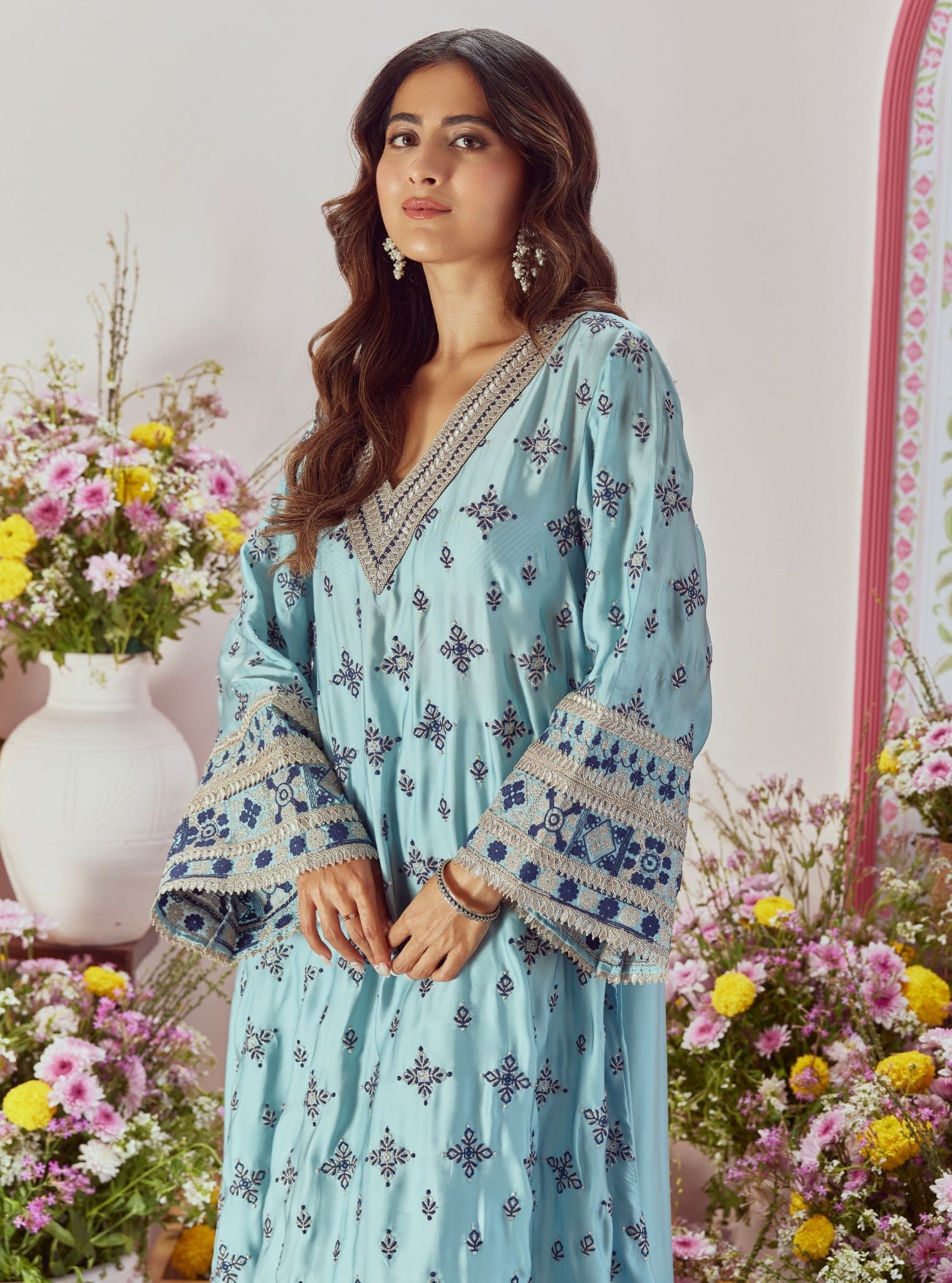 Mulmul Cupro Satin Anni Blue Kurta With Mulmul Cupro Satin Anni Blue Pant