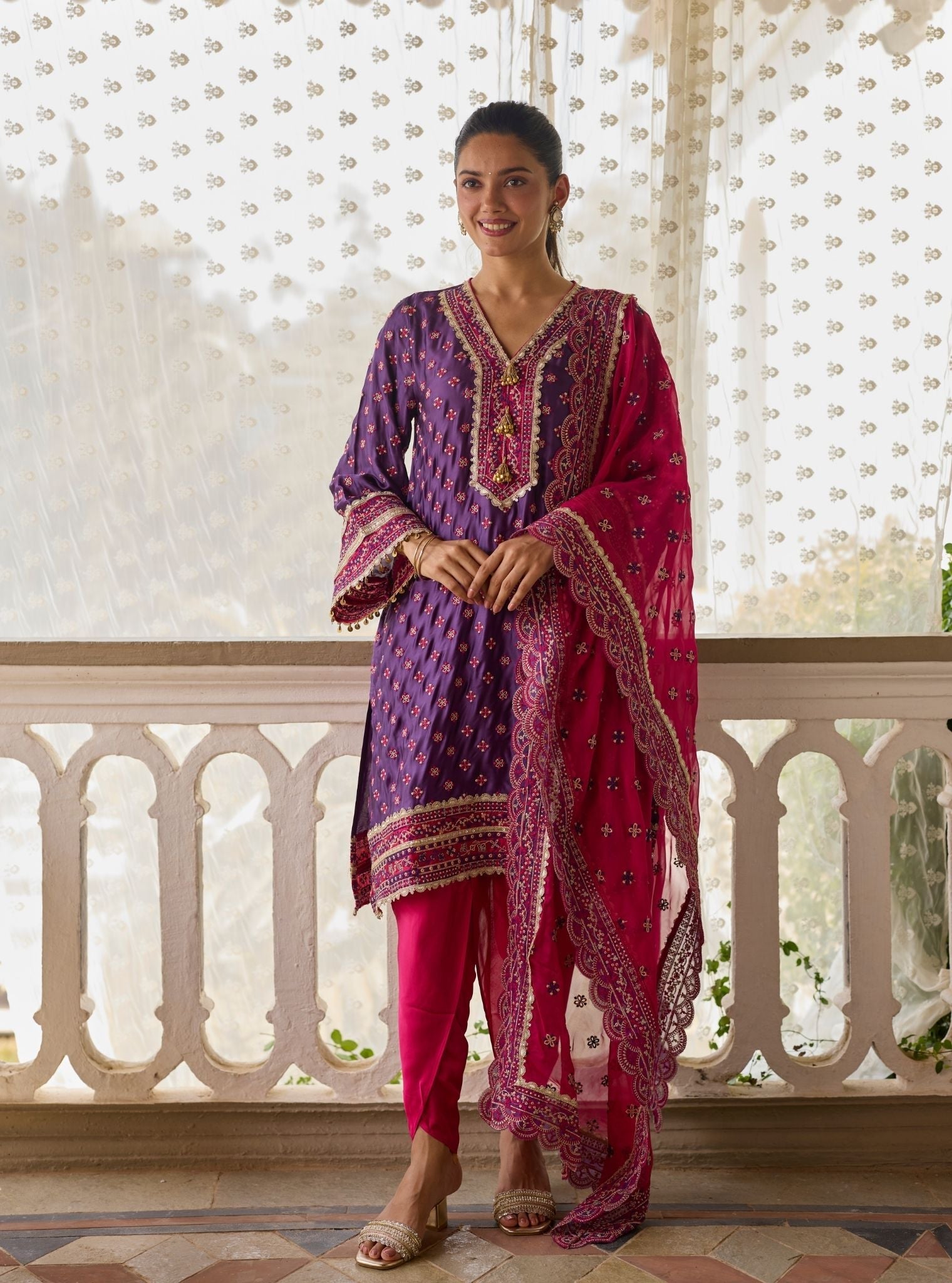 Survani Bemberg Satin Purple Kurta With Fuschia Salwar