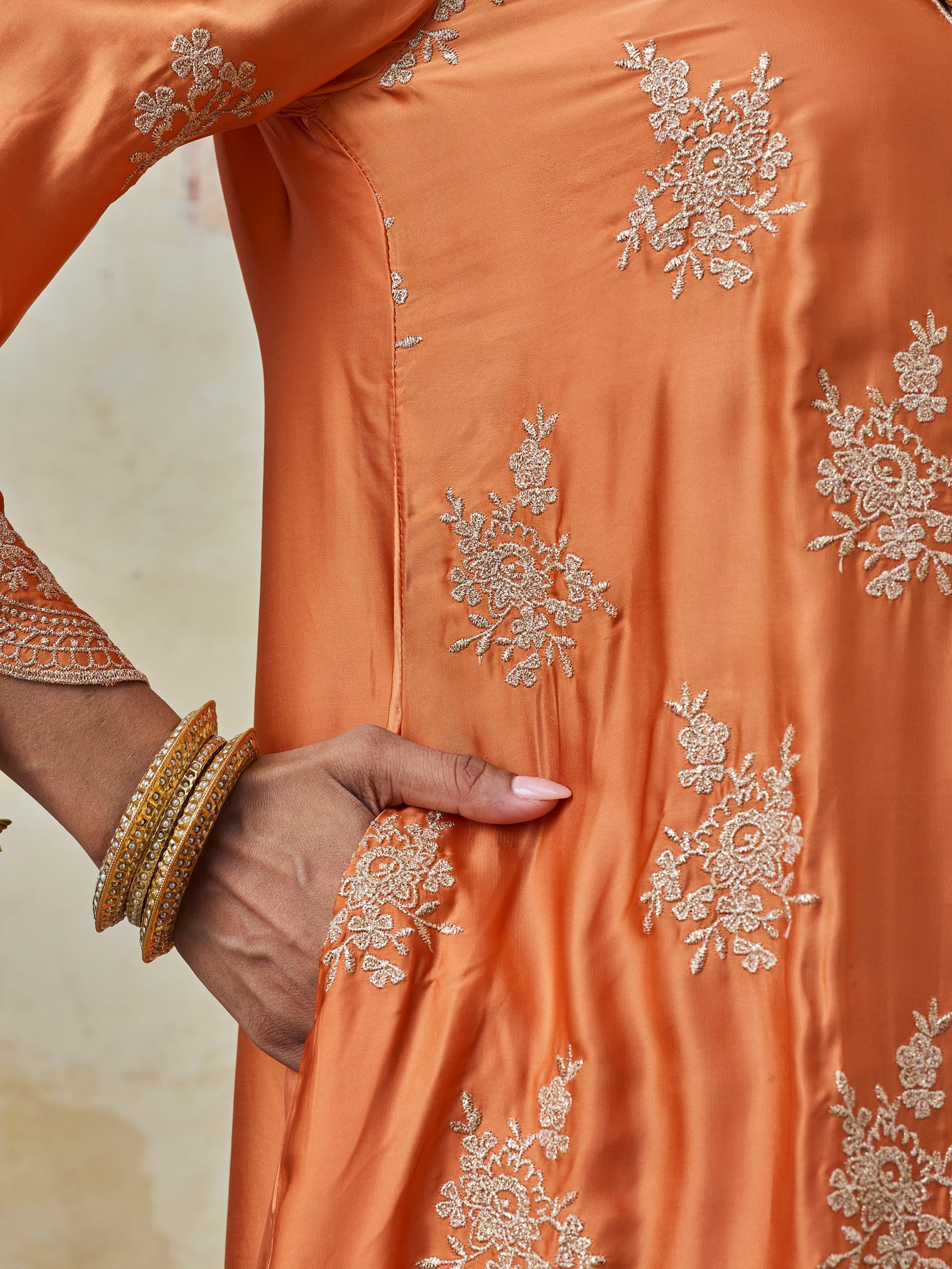 Saazni Cupro Satin Orange Kurta with Red Dhoti Pants