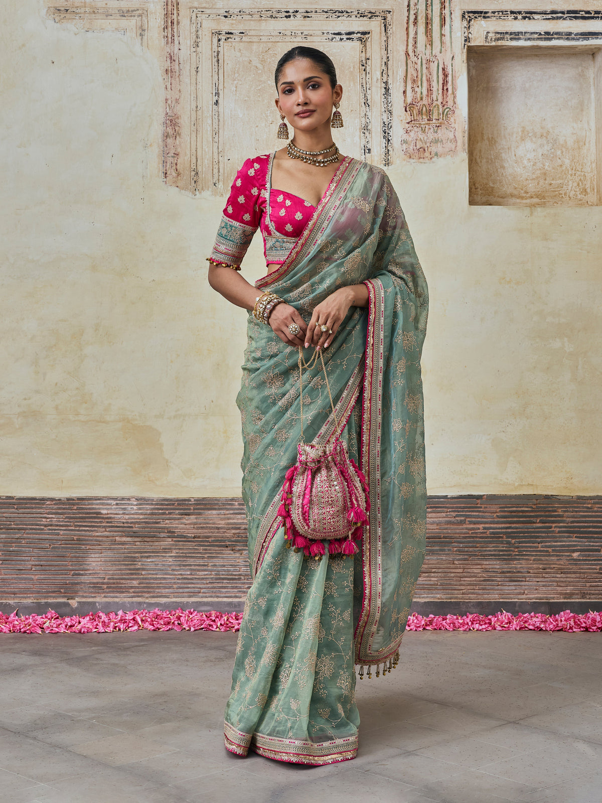 Parthi Lurex Organza Teal Saree with Raw Silk Blouse