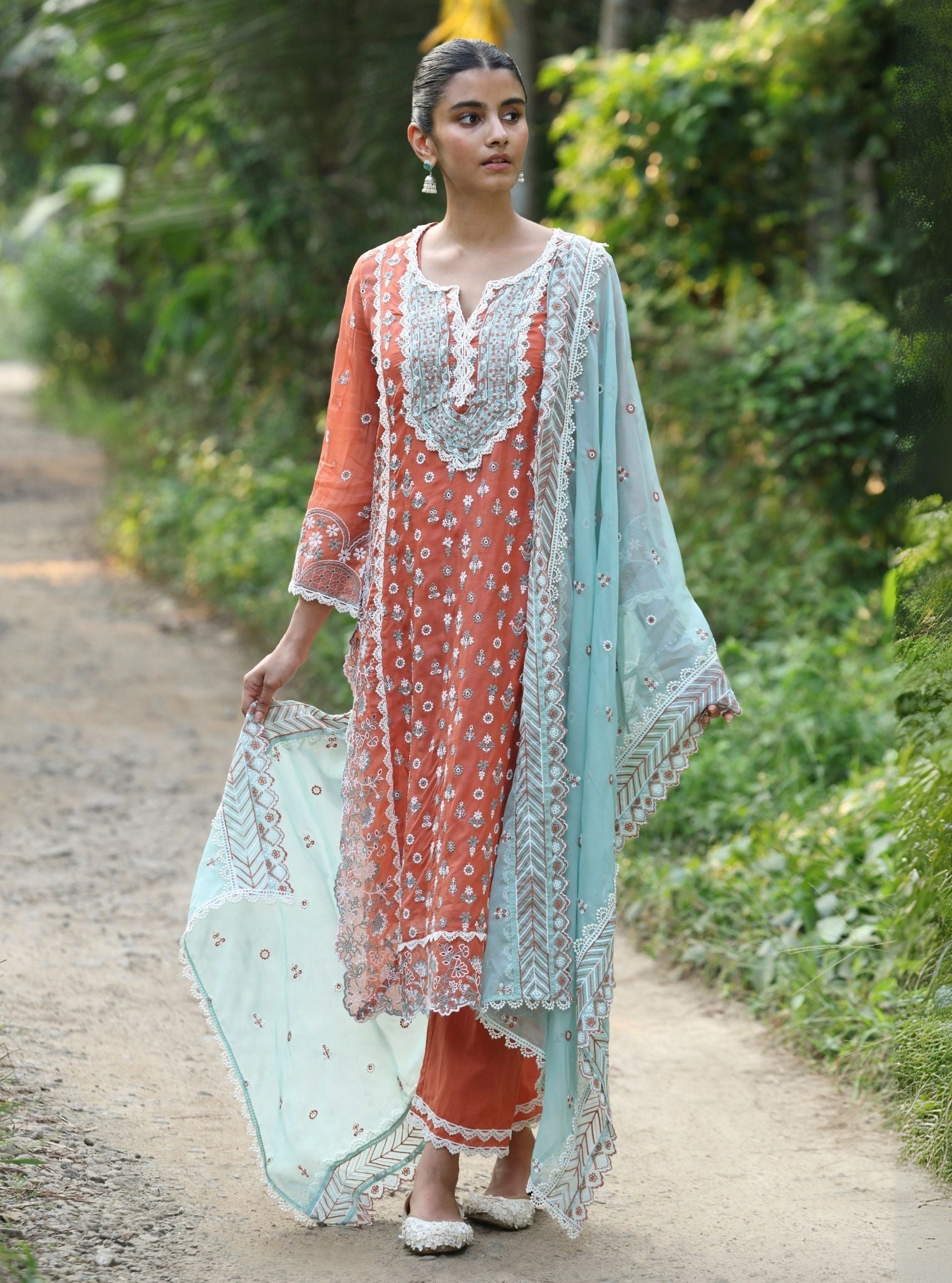 Kovalam Organza Terracotta Kurta Set
