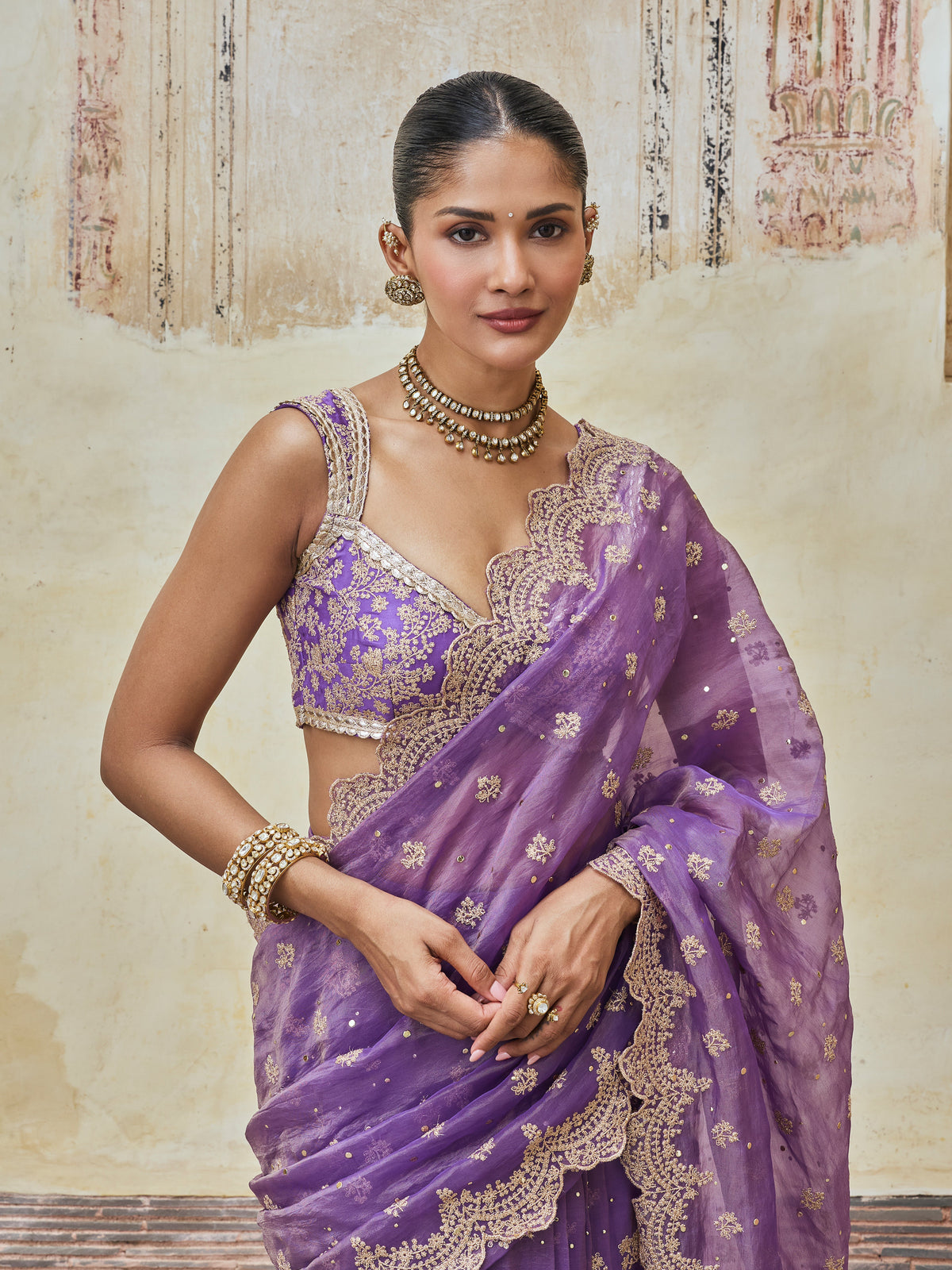 Adiva Lurex Organza Purple Pre-draped Saree