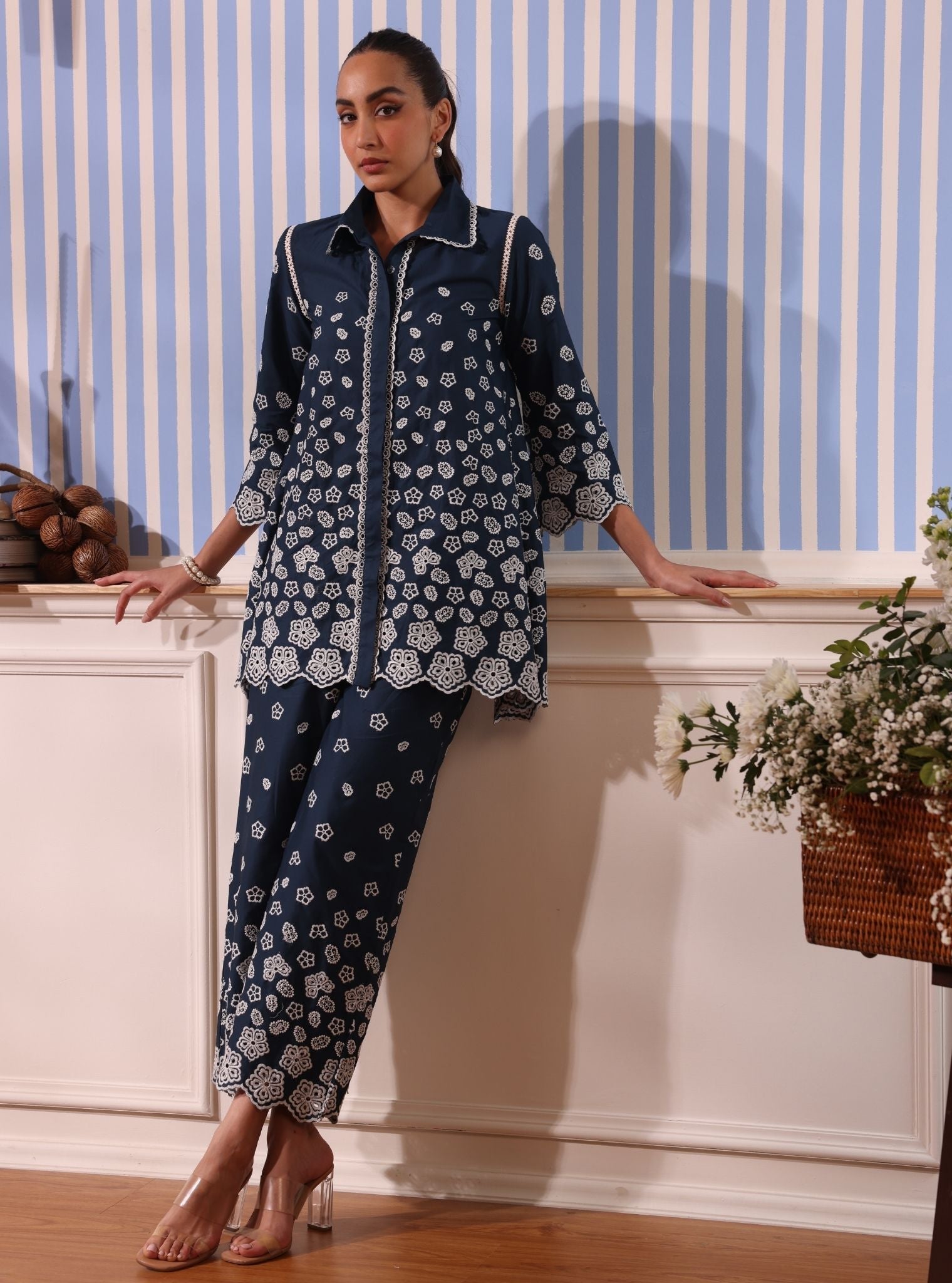Mulmul Cotton Nidha Navy Shirt With Mulmul Cotton Nidha Navy Pant