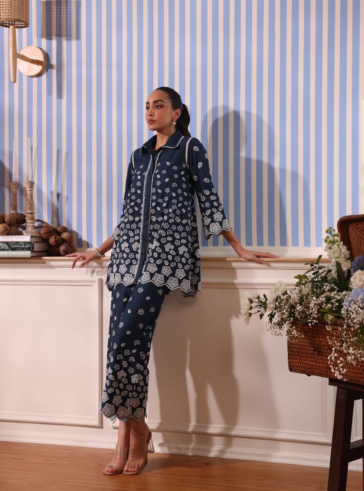 Mulmul Cotton Nidha Navy Shirt With Mulmul Cotton Nidha Navy Pant