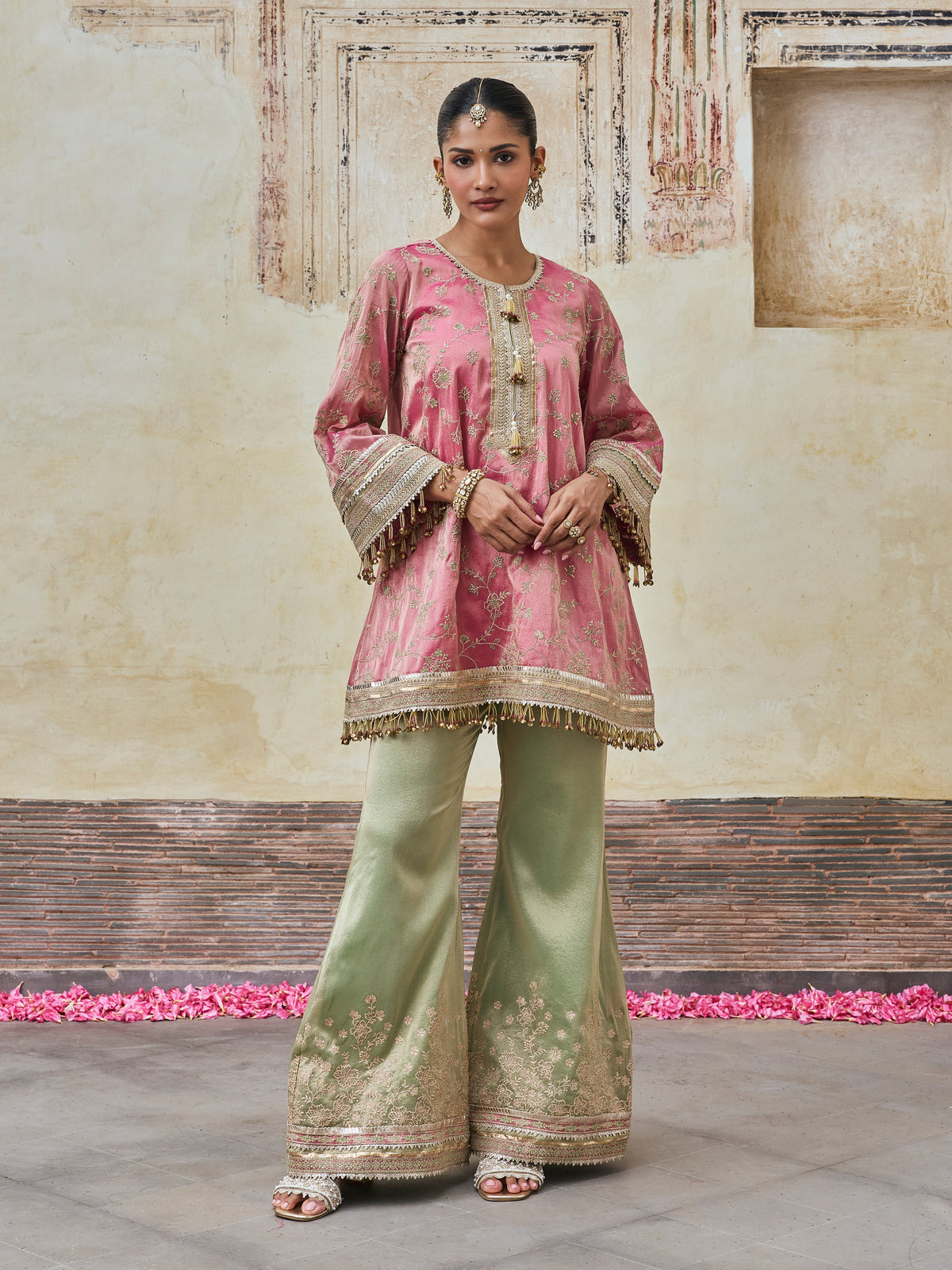 Odhira Tissue Organza Fuchsia & Green Sharara Set