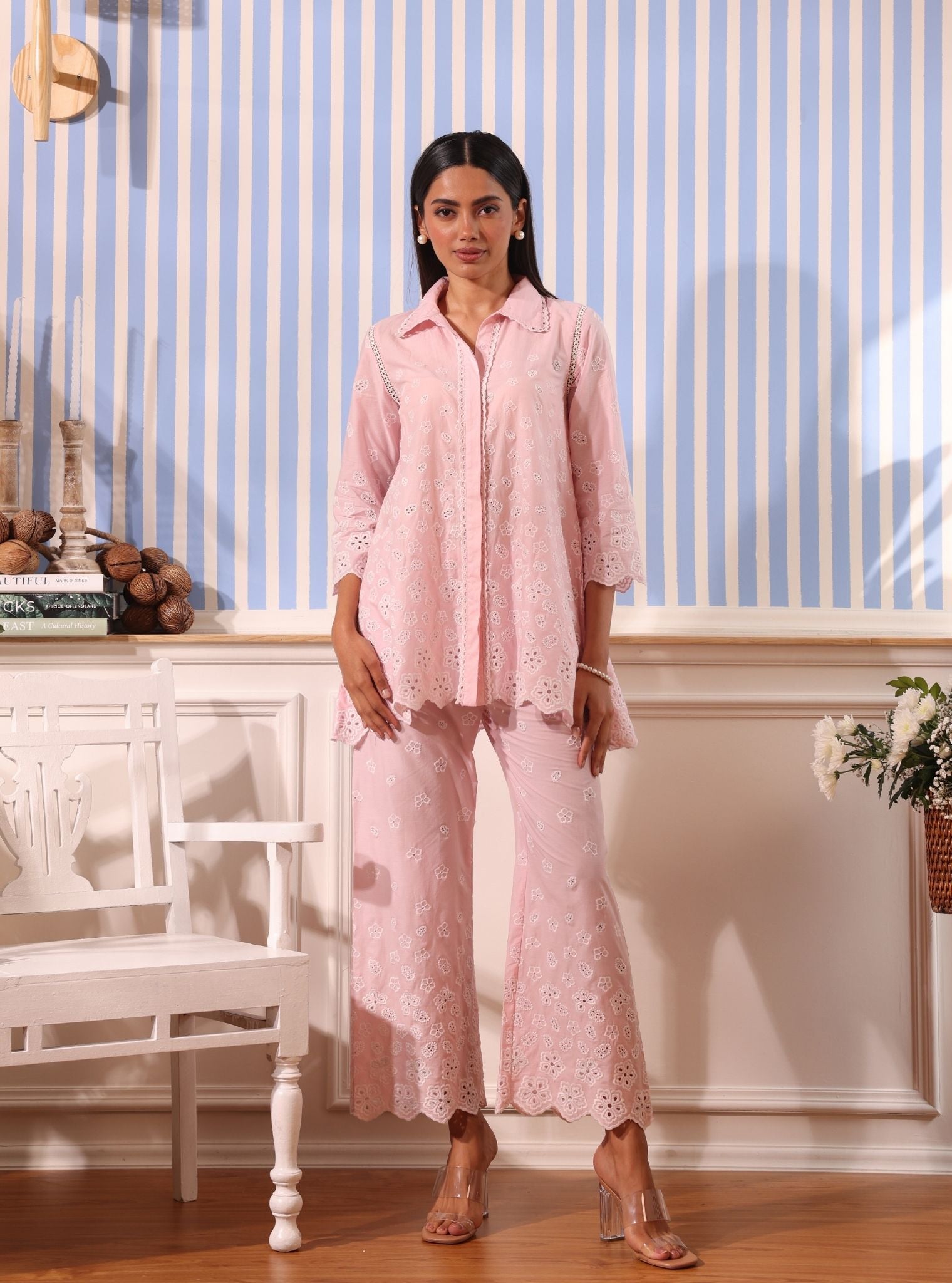 Mulmul Cotton Nidha Light Pink Shirt With Mulmul Cotton Nidha Light Pink Pant