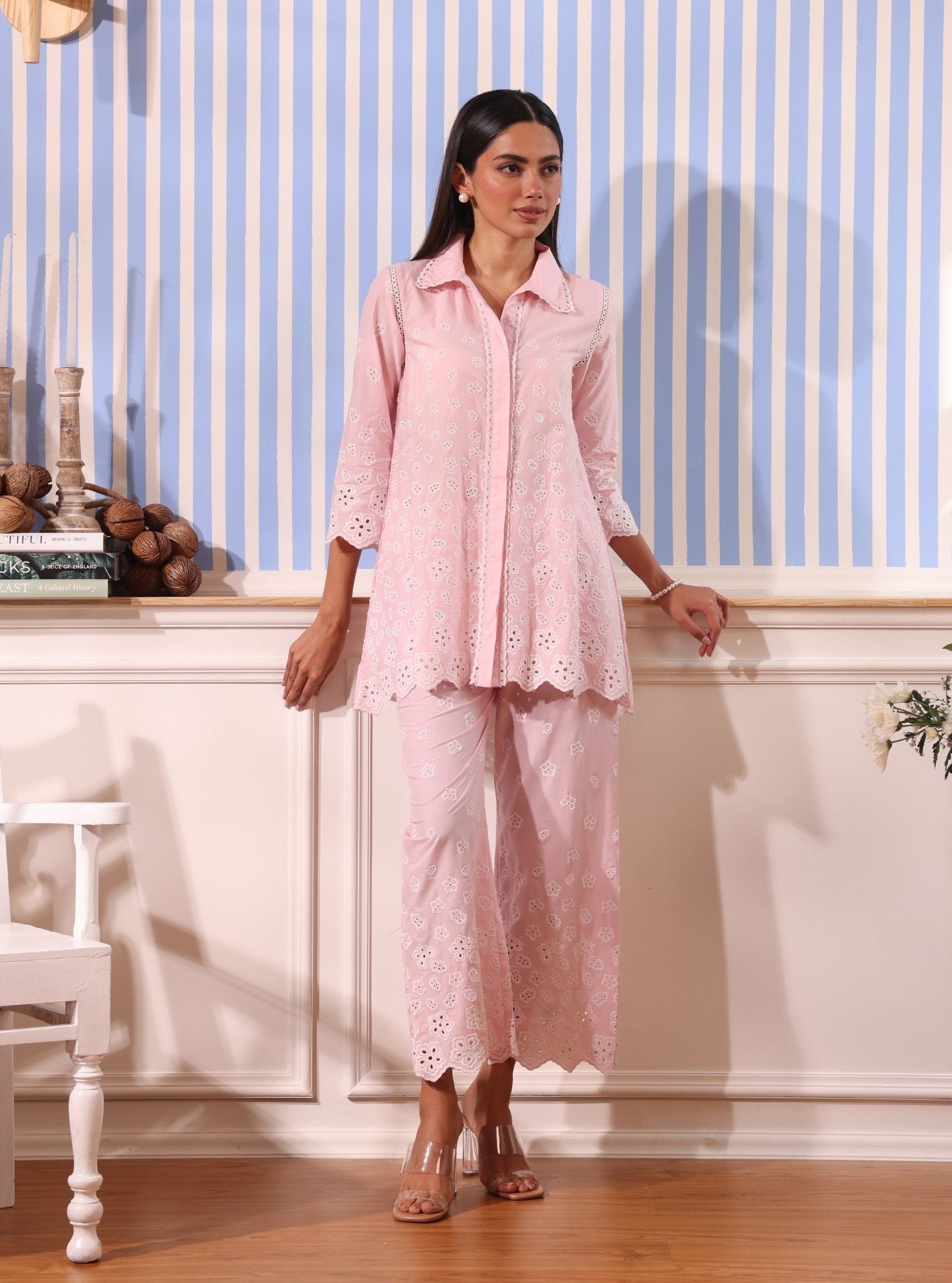 Mulmul Cotton Nidha Light Pink Shirt With Mulmul Cotton Nidha Light Pink Pant