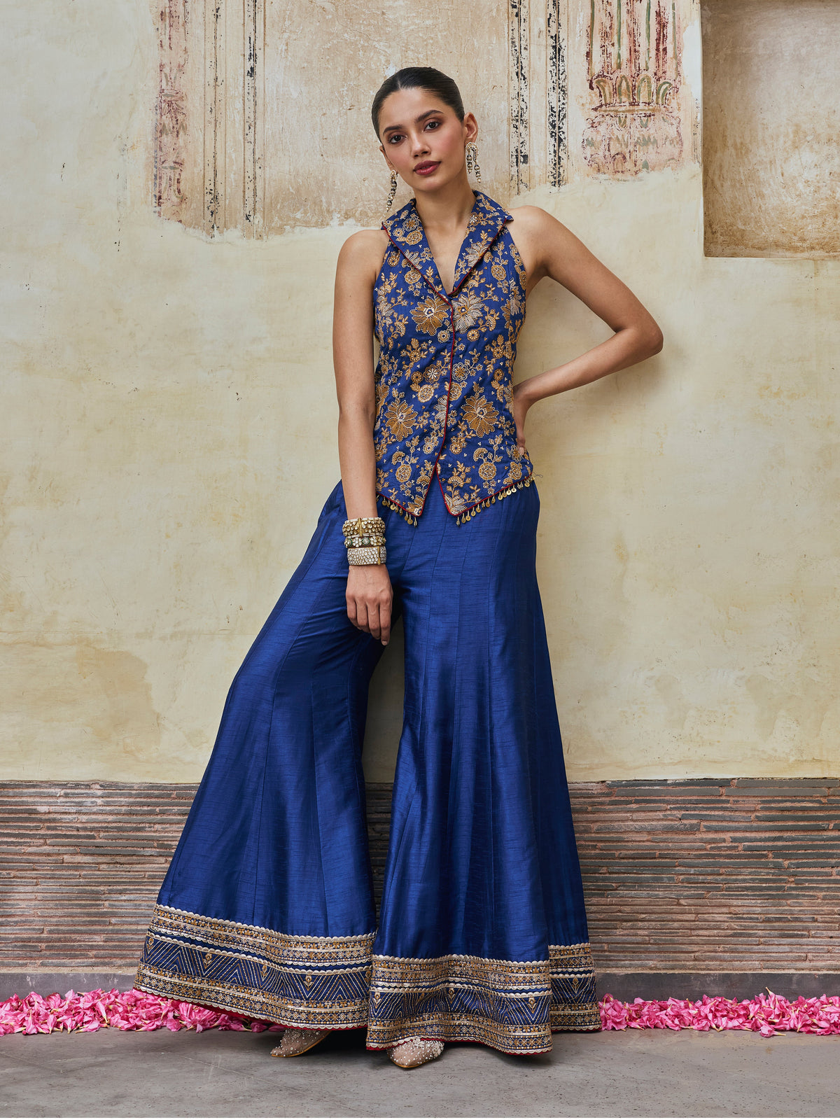 Kairavi Bemberg Raw Silk Blue Waistcoat & Sharara