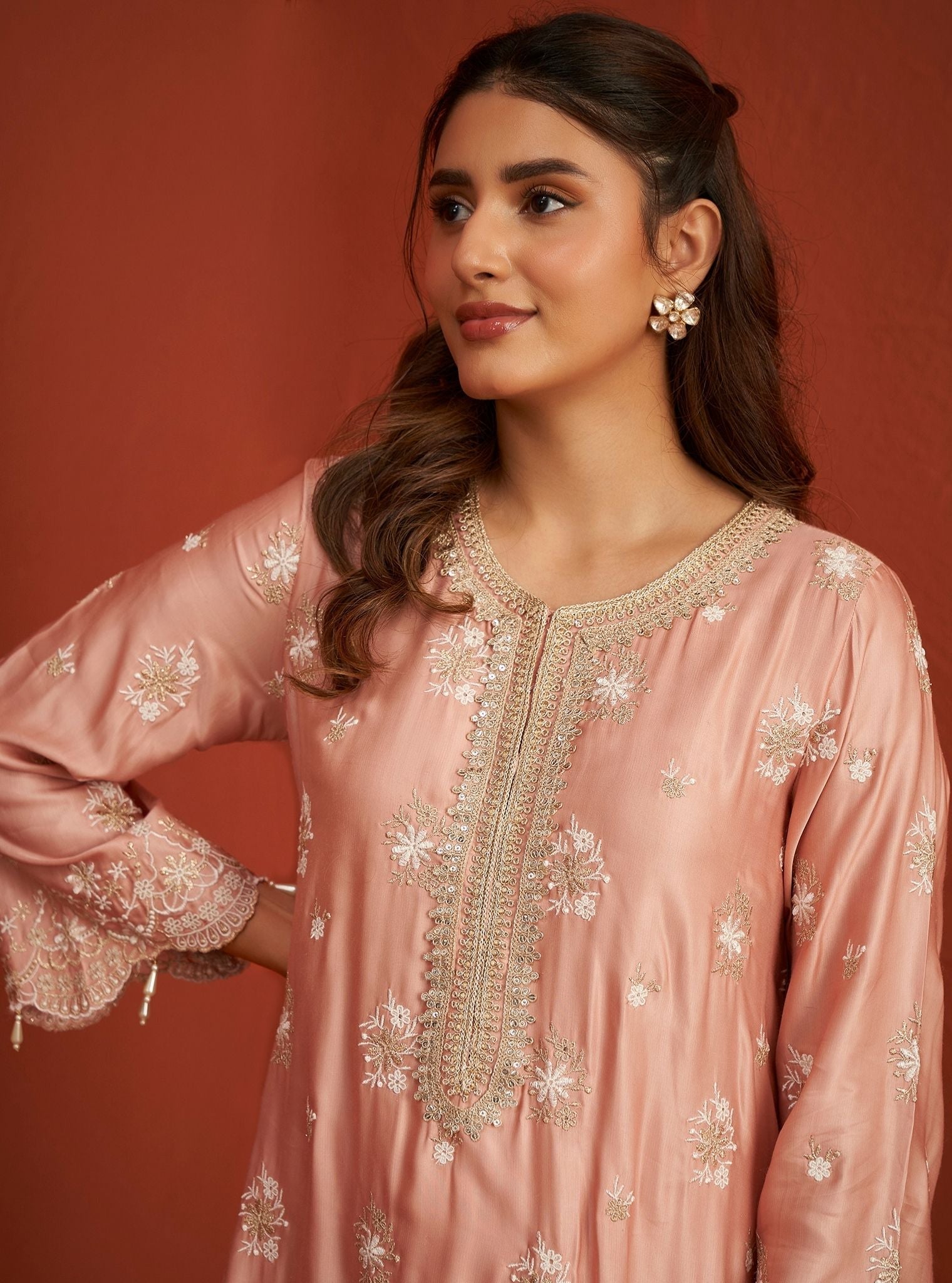 Kangna Bemberg Satin Pink Kurta Set