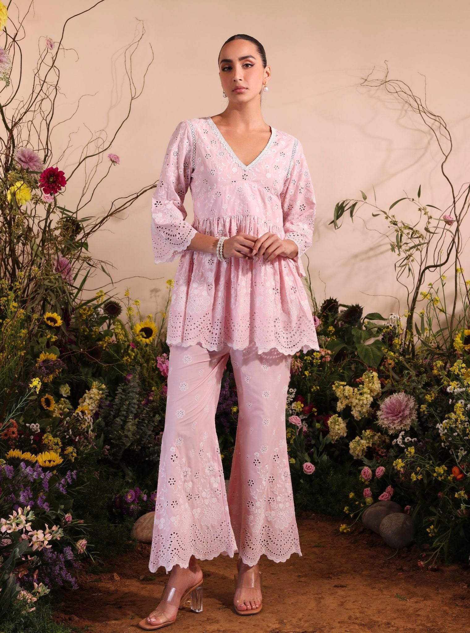 Mulmul Cotton Dica Light Pink Top With Mulmul Cotton Dica Light Pink Pant