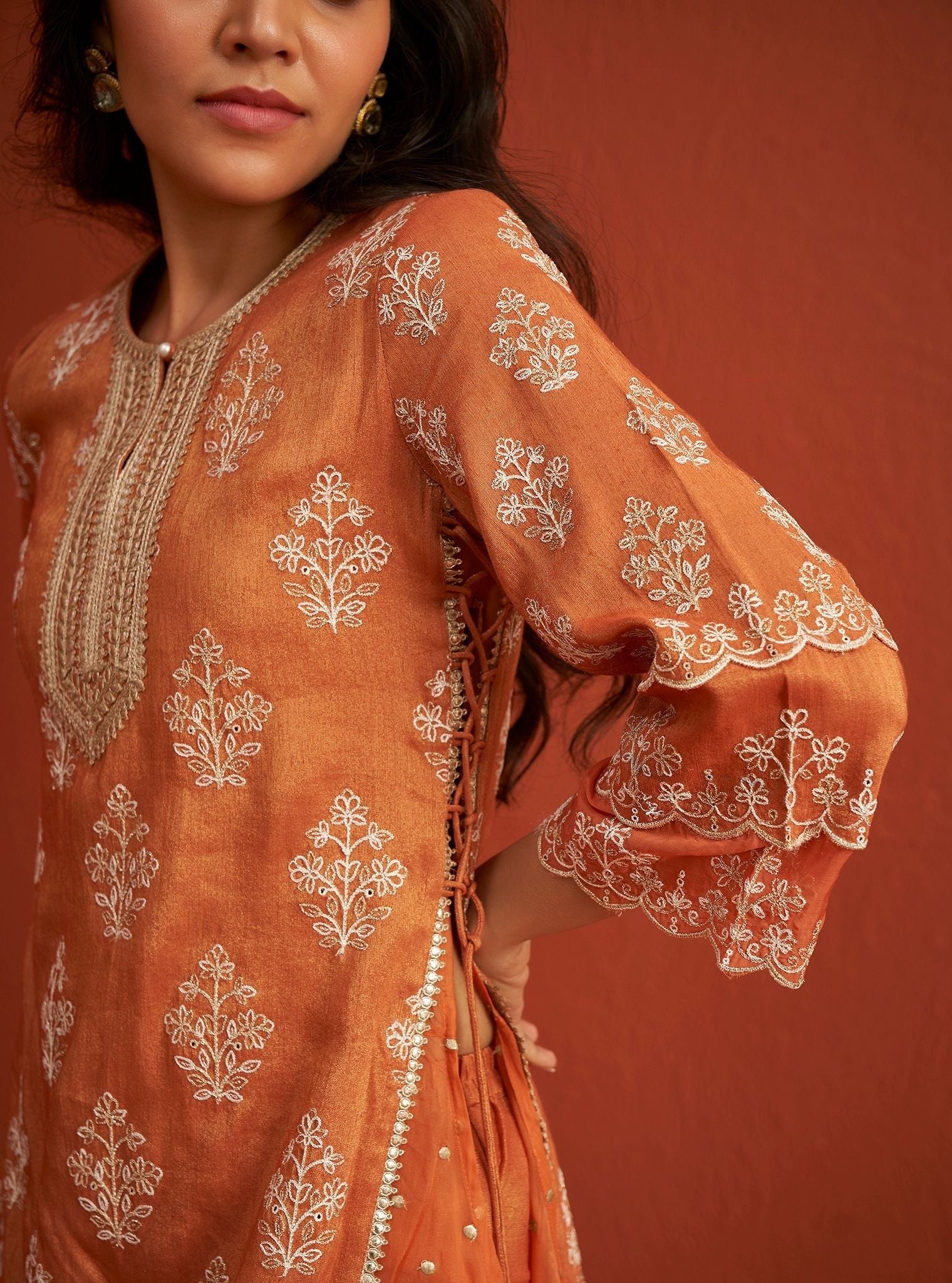 Evelina Tissue Linen Satin Burnt Orange Kurta Set
