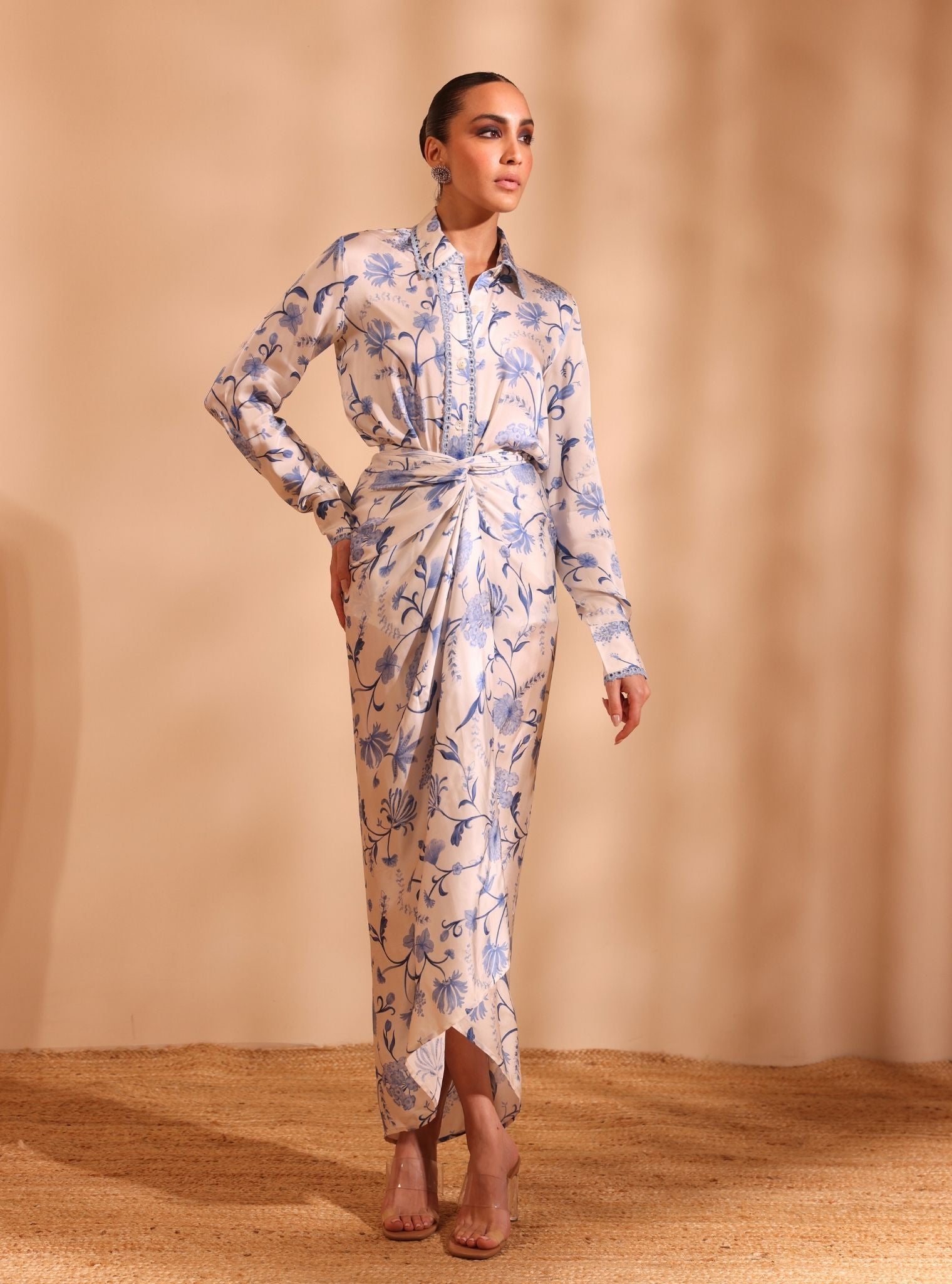 Mulmul Cupro Satin Printed Hasi Off White Shirt With Mulmul Cupro Satin Printed Hasi Off White Skirt