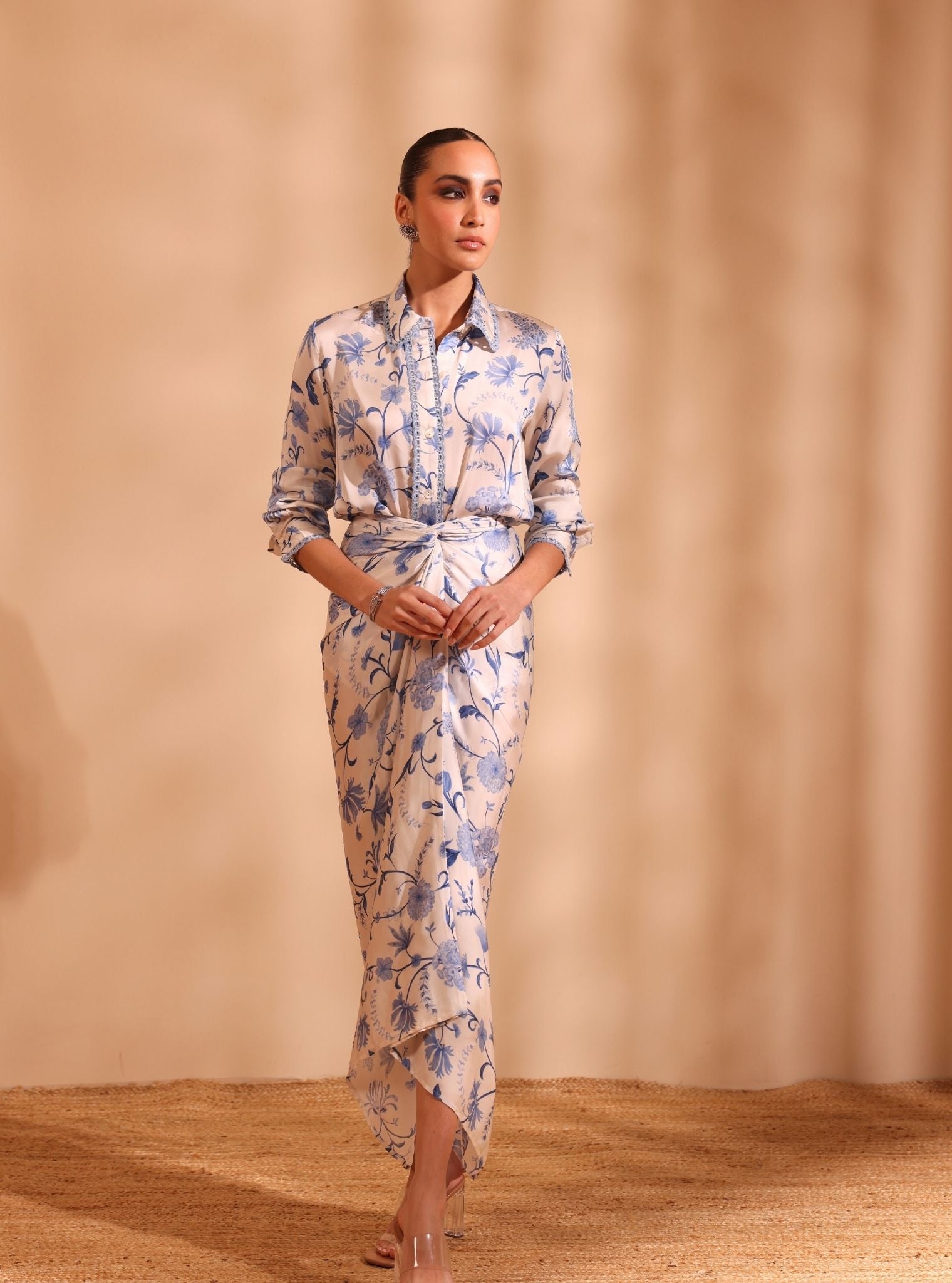 Hasi Cupro Satin Printed Off White Skirt set