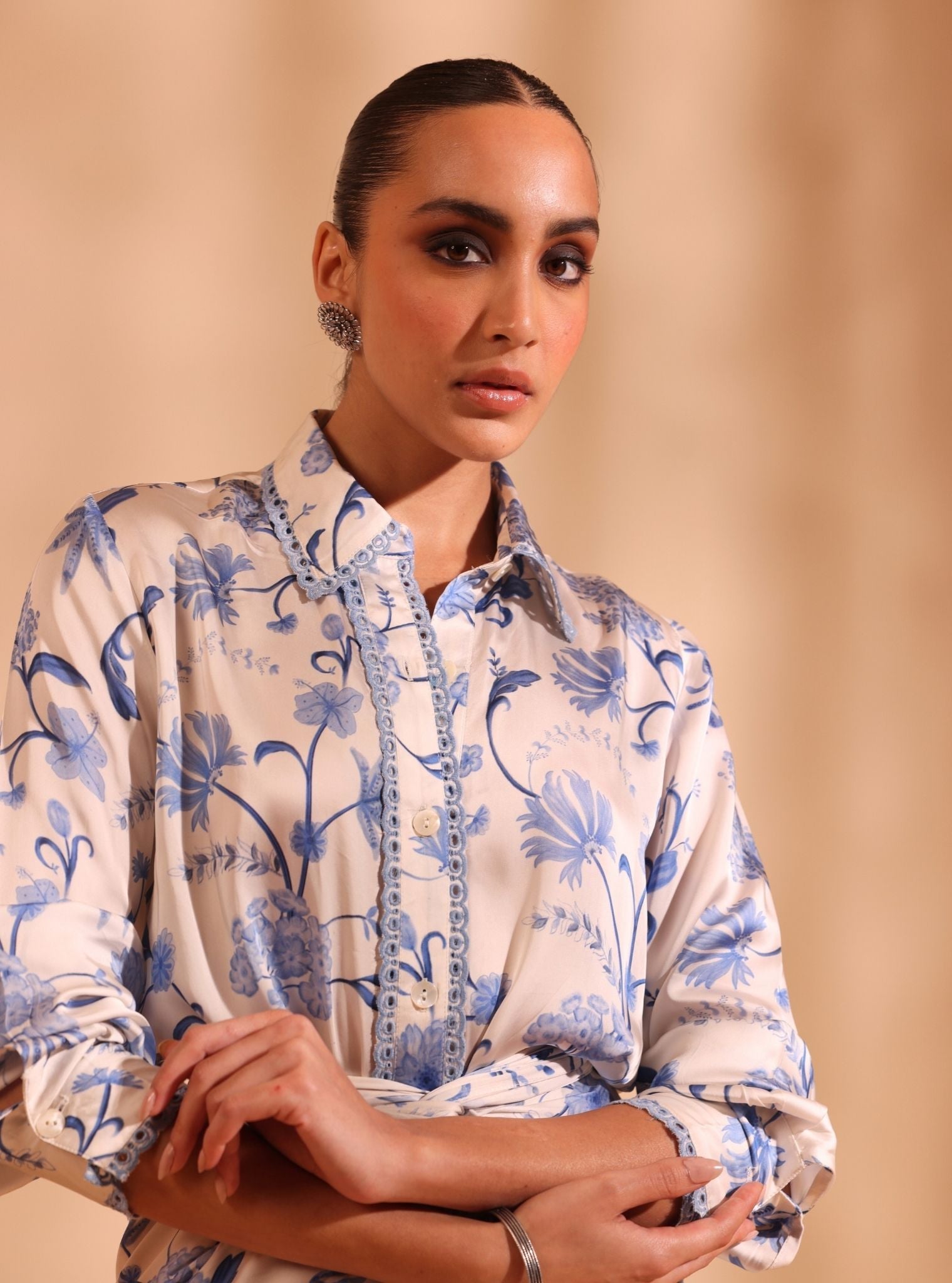 Mulmul Cupro Satin Printed Hasi Off White Shirt With Mulmul Cupro Satin Printed Hasi Off White Skirt