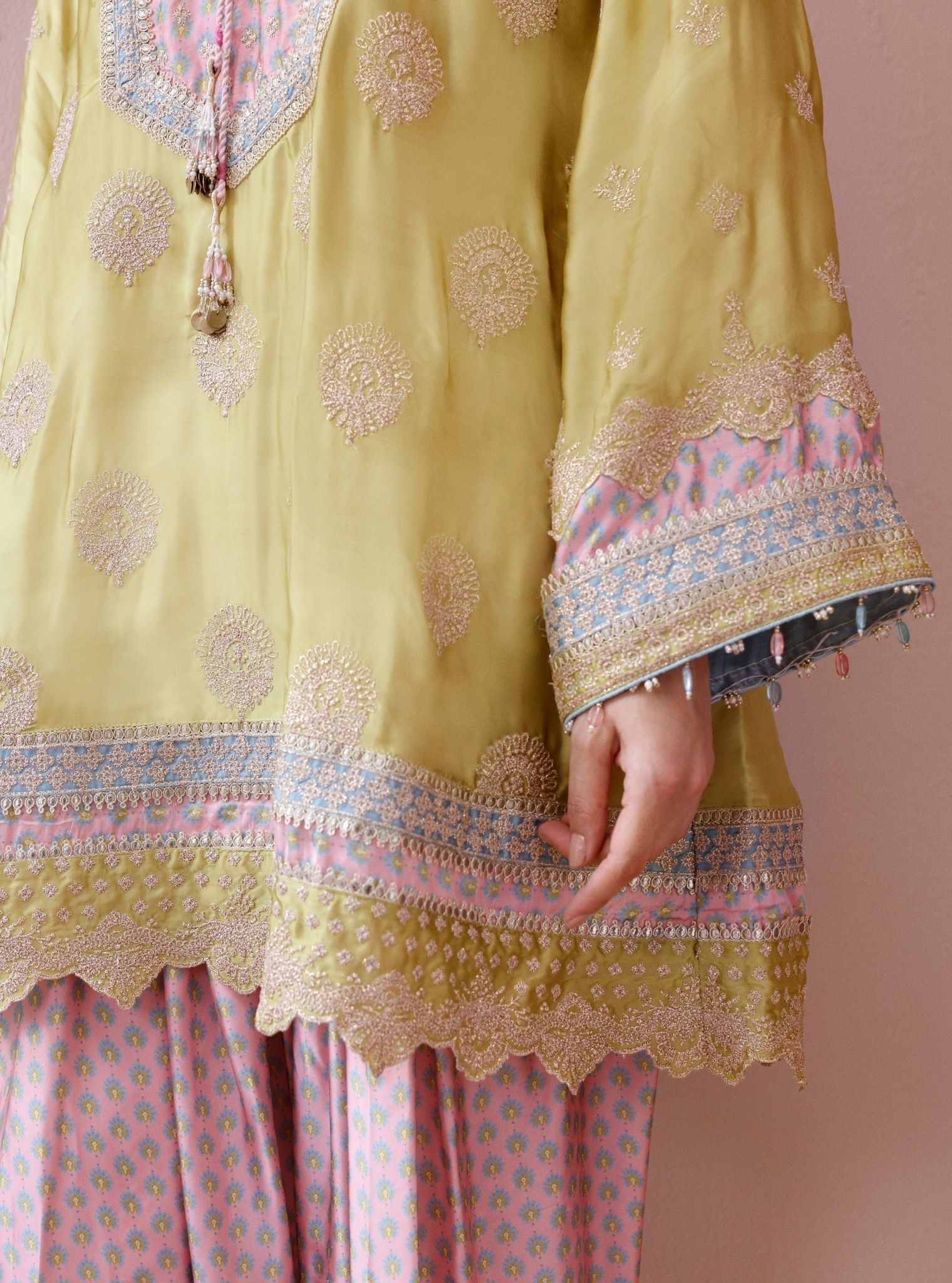 Veya Cupro Satin Lime & Pink Kurta Set