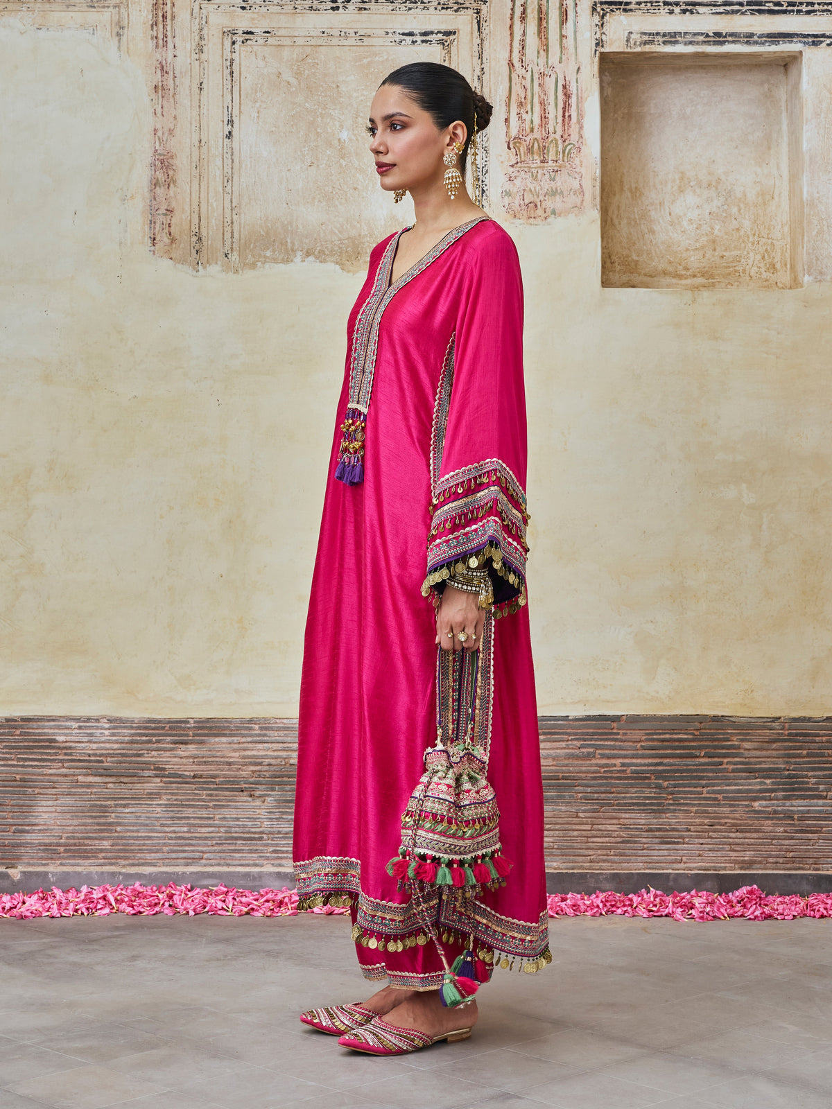 Shaabni Bemberg Raw Silk Fuchsia Kaftan Set