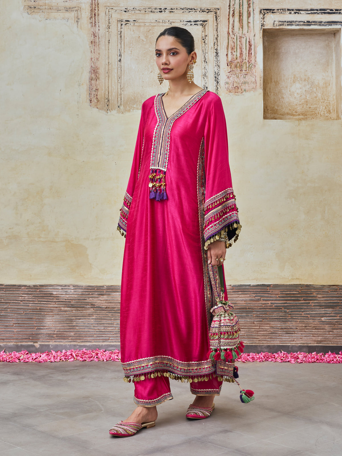 Shaabni Bemberg Raw Silk Fuchsia Kaftan Set