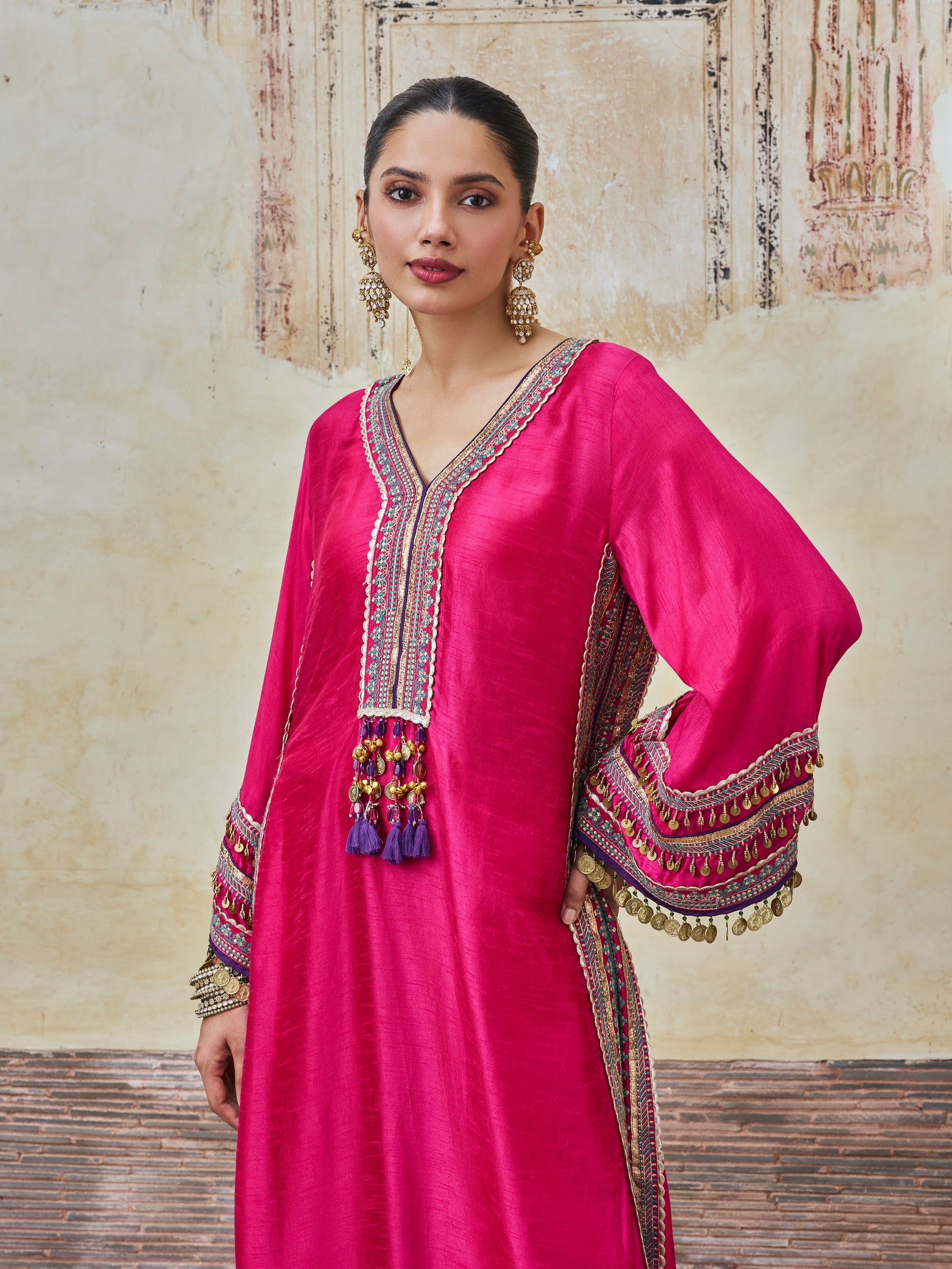 Shaabni Bemberg Raw Silk Fuchsia Kaftan Set