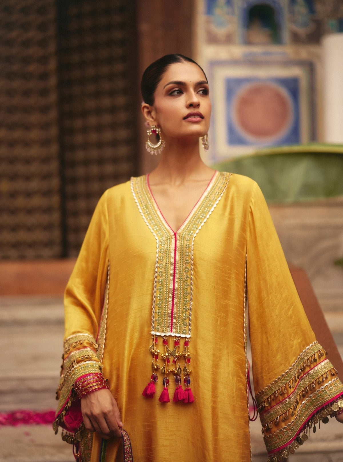 Shaabni Bemberg Raw Silk Mustard Kaftan Set
