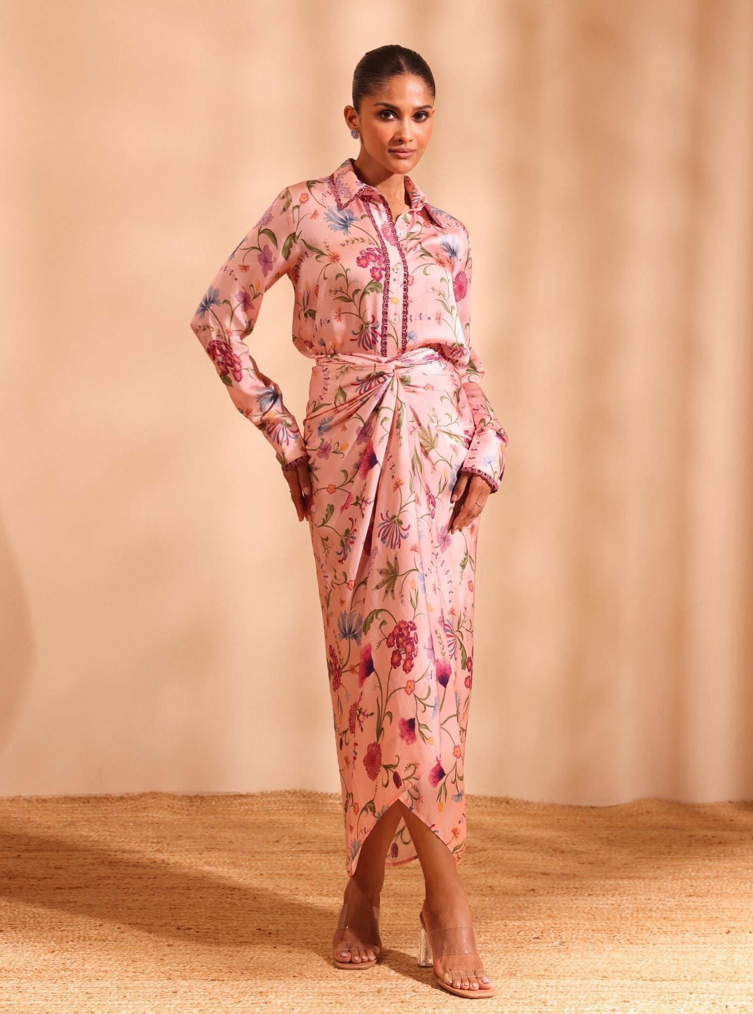Mulmul Cupro Satin Printed Hasi Pink Shirt With Mulmul Cupro Satin Printed Hasi Pink Skirt