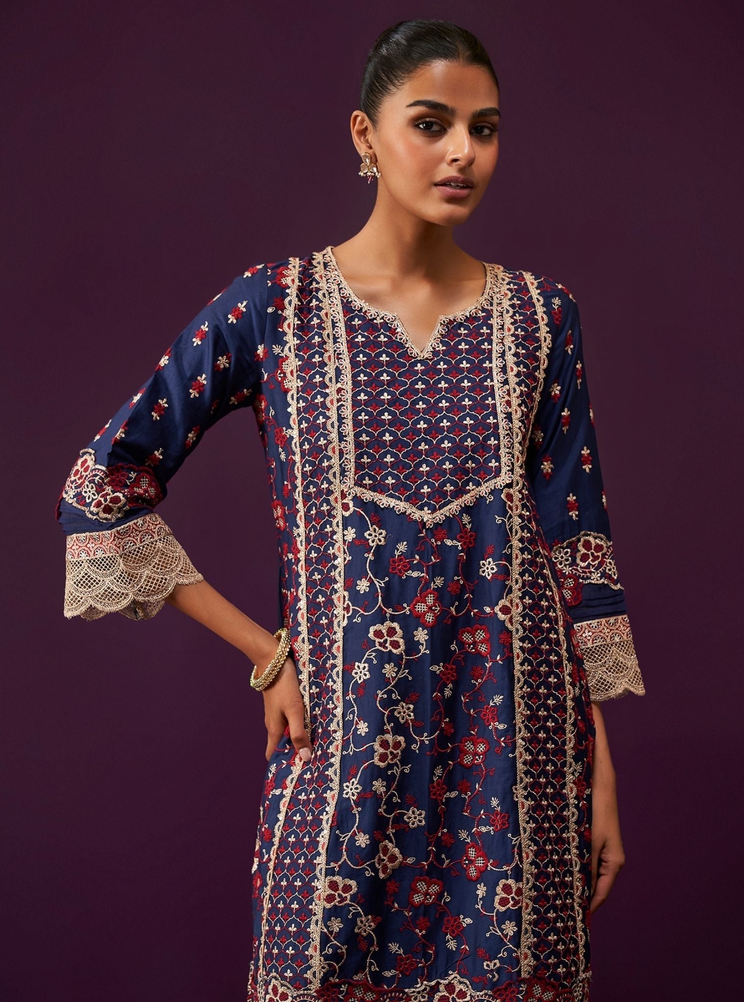 Mulmul Pima Satin Anchali Navy Kurta With Mulmul Pima Satin Anchali Navy Pant