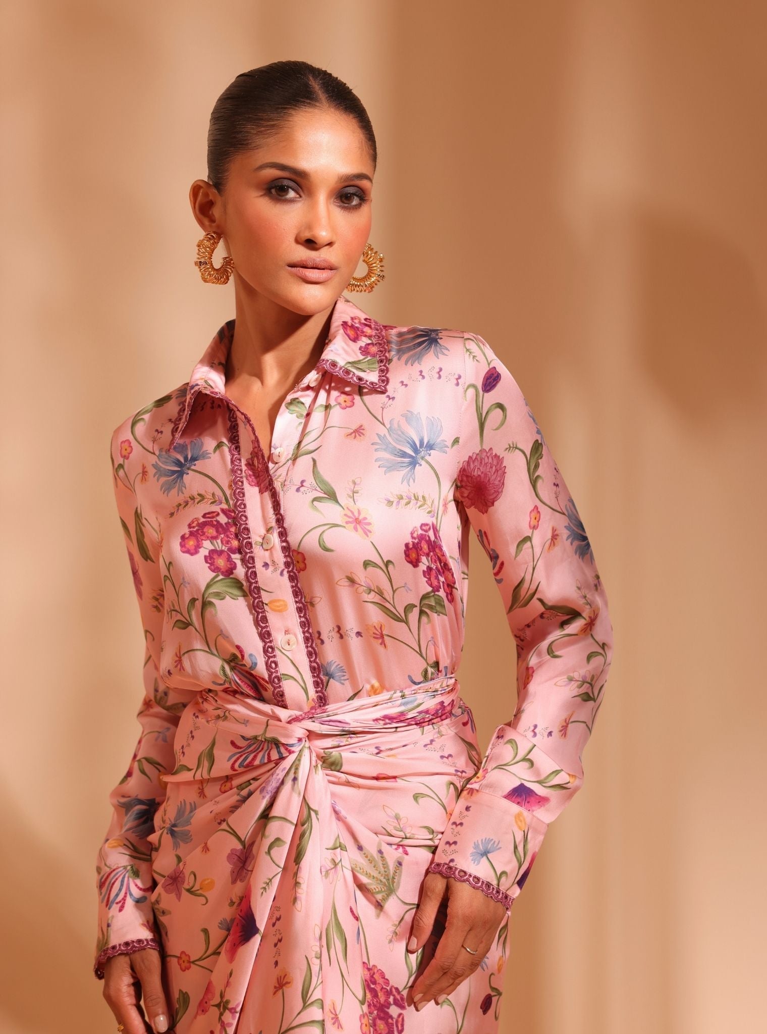 Mulmul Cupro Satin Printed Hasi Pink Shirt With Mulmul Cupro Satin Printed Hasi Pink Skirt