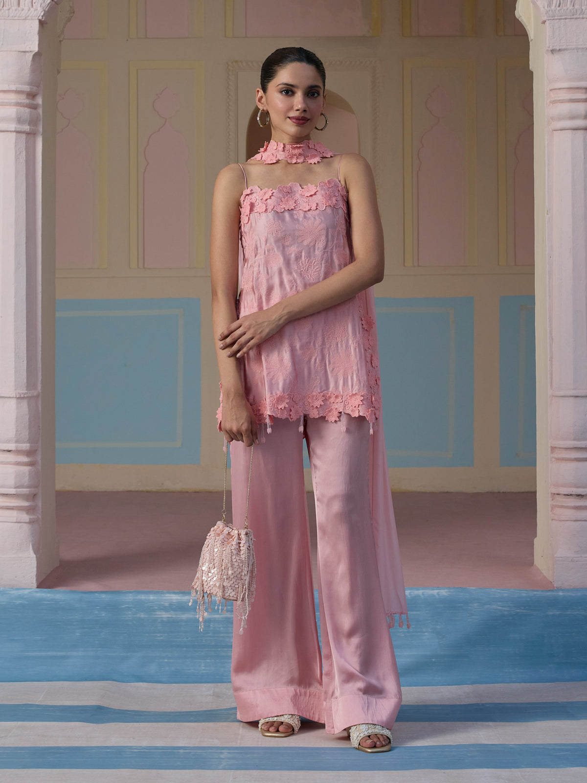Jheel Cupro Satin Pink Short Kurta Set