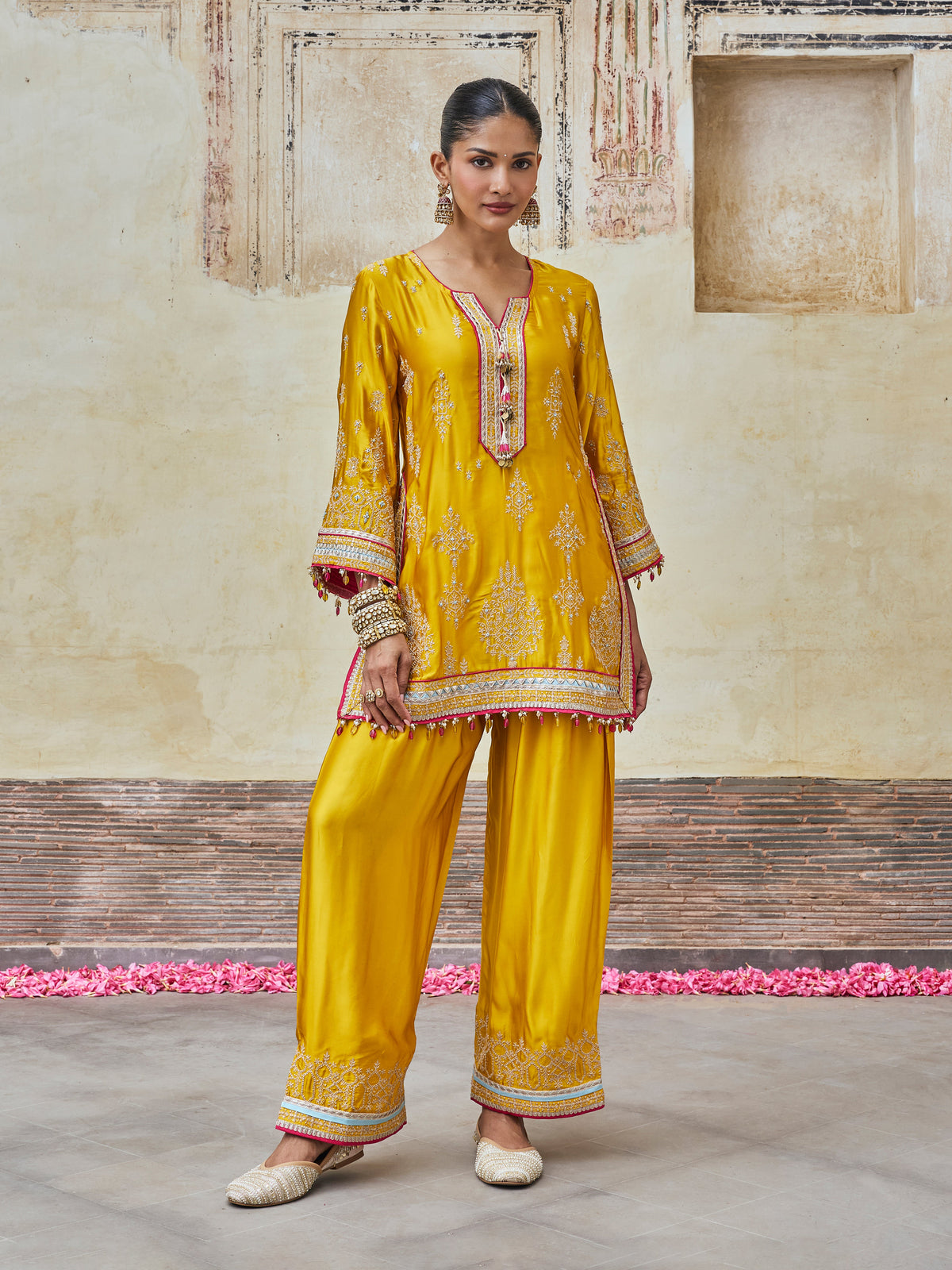 Jaani Cupro Satin Mustard Kurta Set