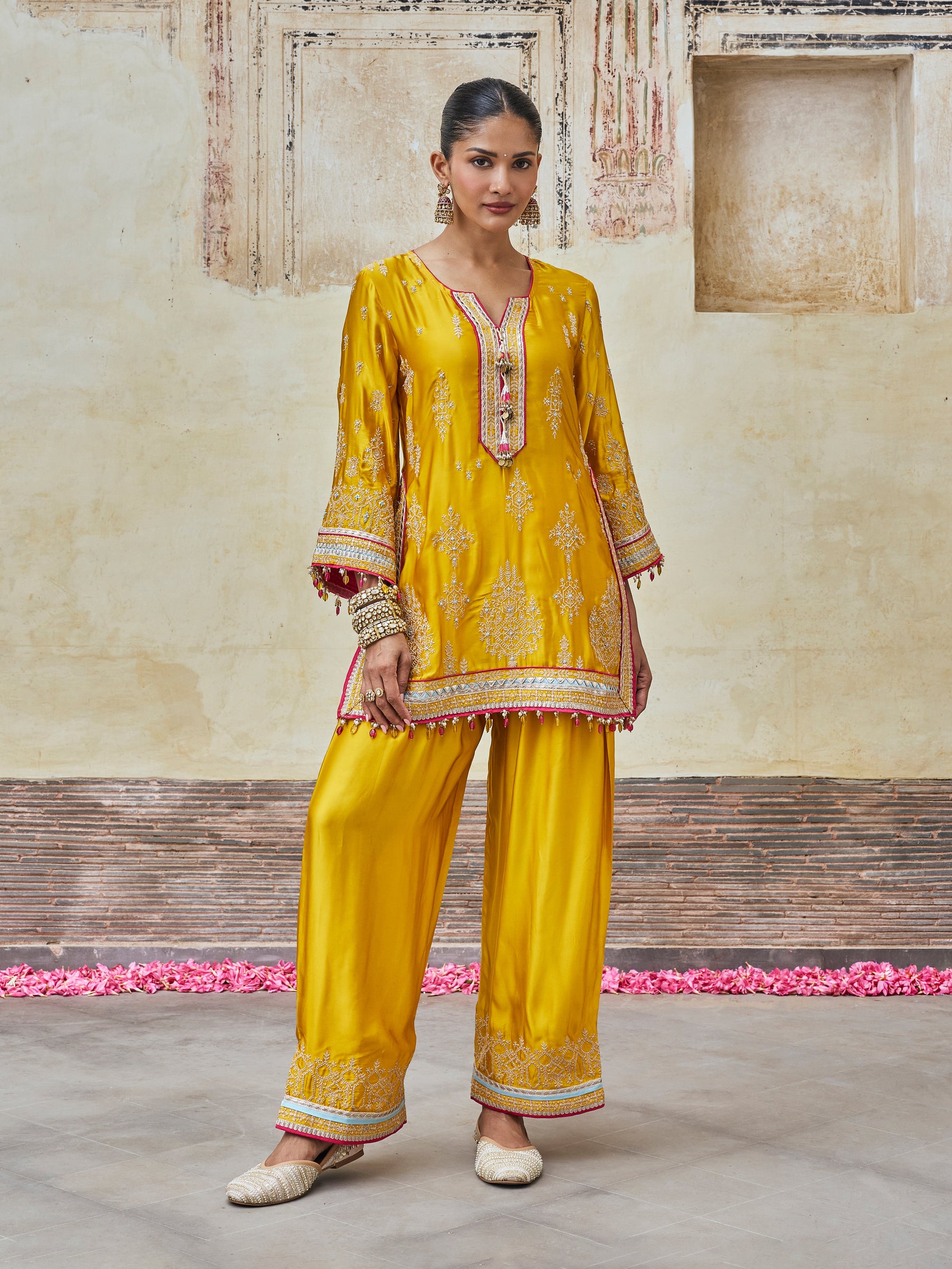 Jaani Cupro Satin Mustard Kurta Set