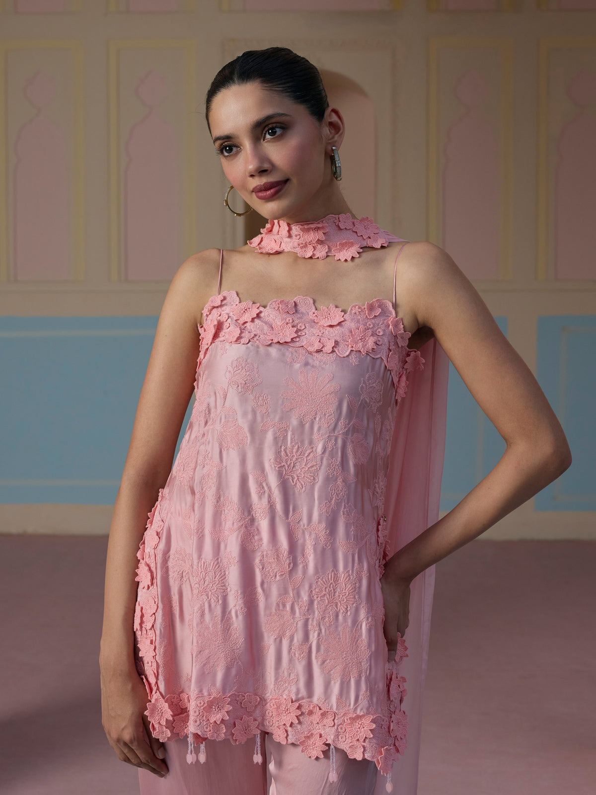 Jheel Cupro Satin Pink Short Kurta Set