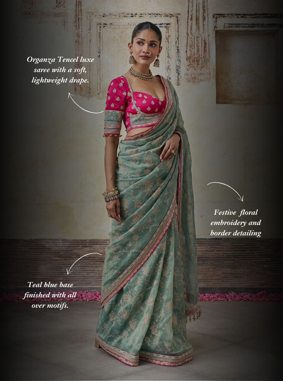 Parthi Lurex Organza Teal Saree with Raw Silk Blouse