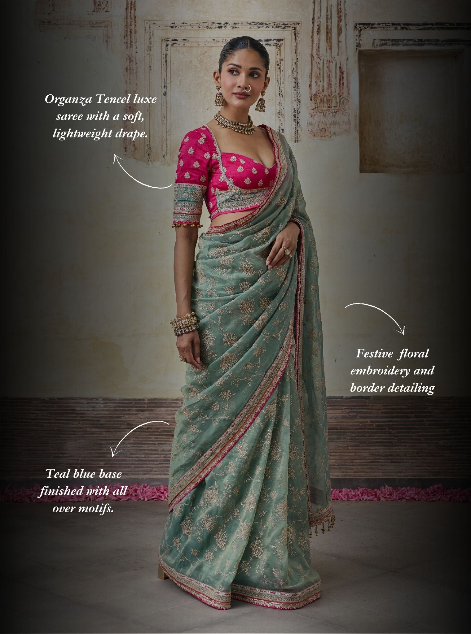 Parthi Lurex Organza Teal Blue Saree
