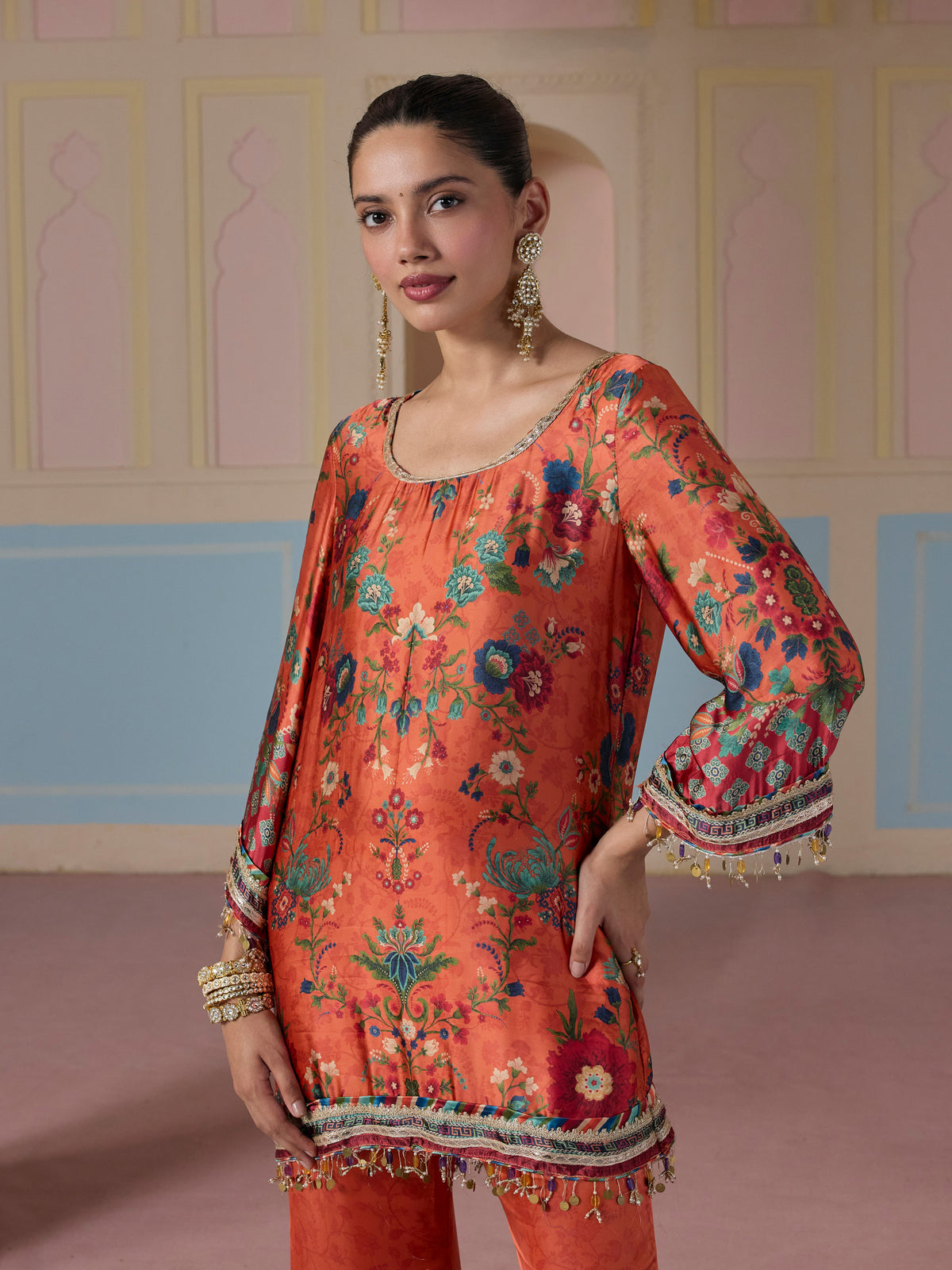 Gheva Cupro Satin Printed Orange Kurta Set