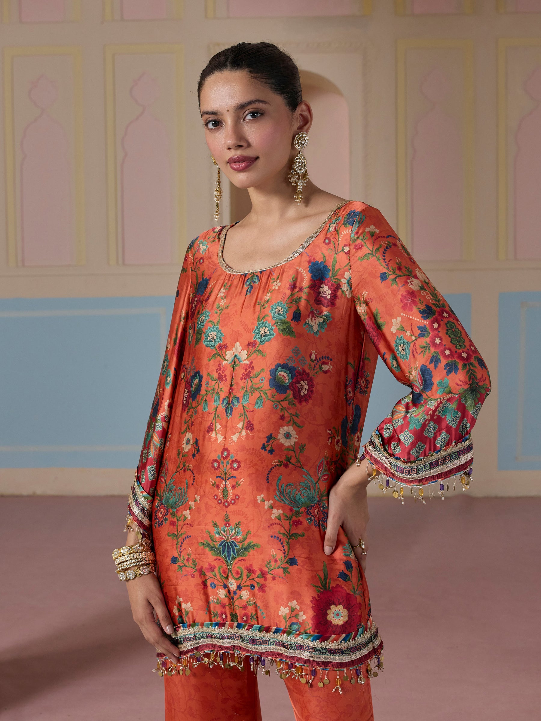 Gheva Cupro Satin Printed Orange Kurta Set