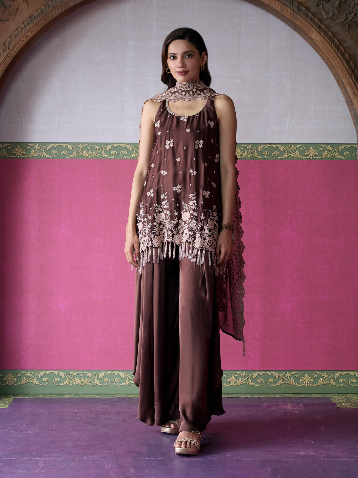 Nemi Cupro Satin Brown Short Kurta with Draped Pants