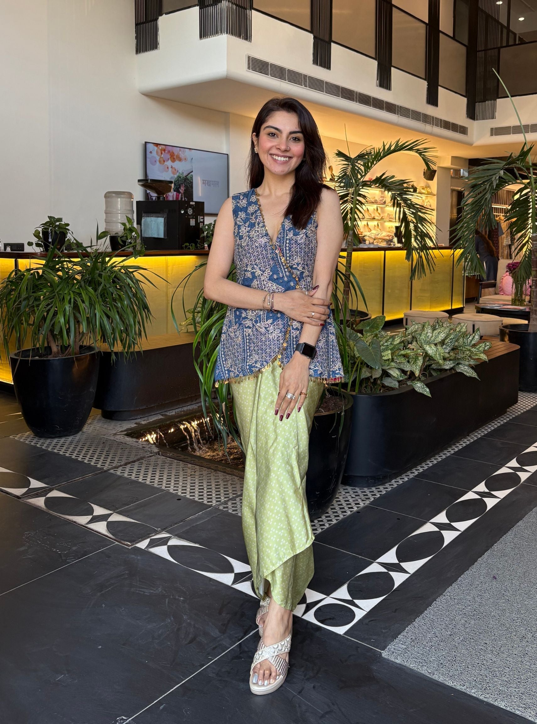 Lunira Denim Waistcoat With Cupro Satin Printed Sage Green Draped Skirt