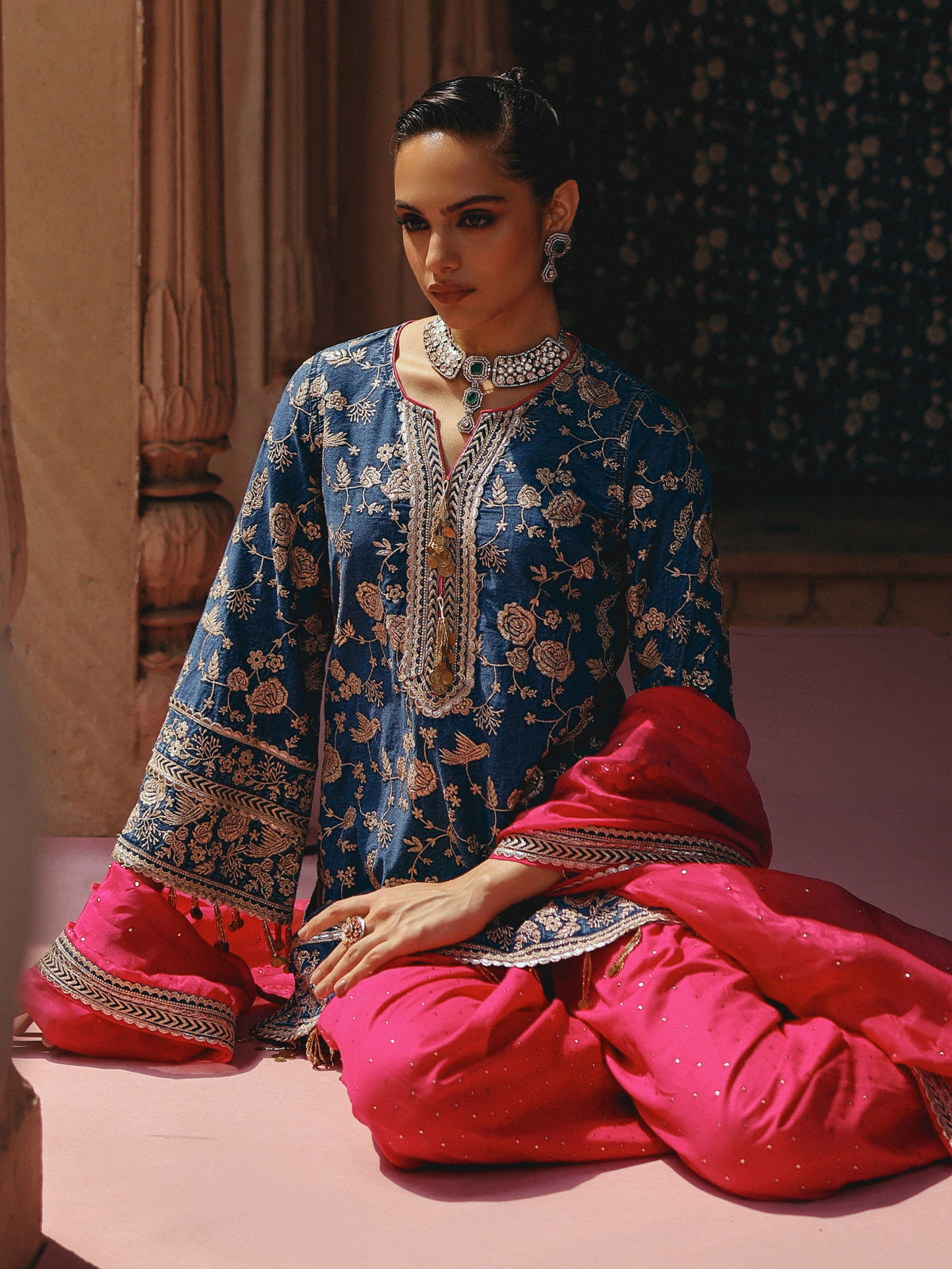 Luni Denim Kurta with Fuchsia Salwar