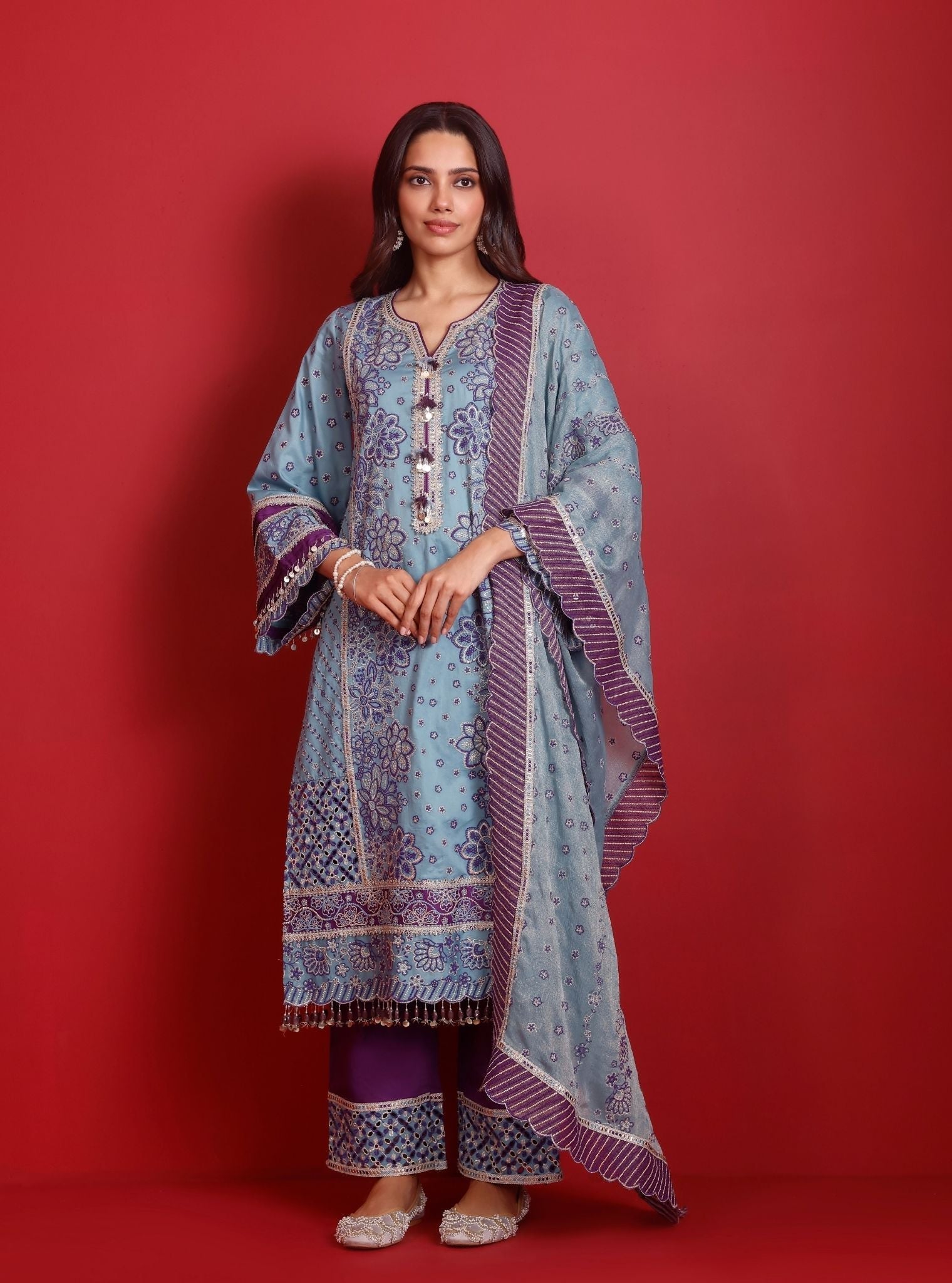 Renu Pima Satin Sky Blue Kurta with Purple Pant Set
