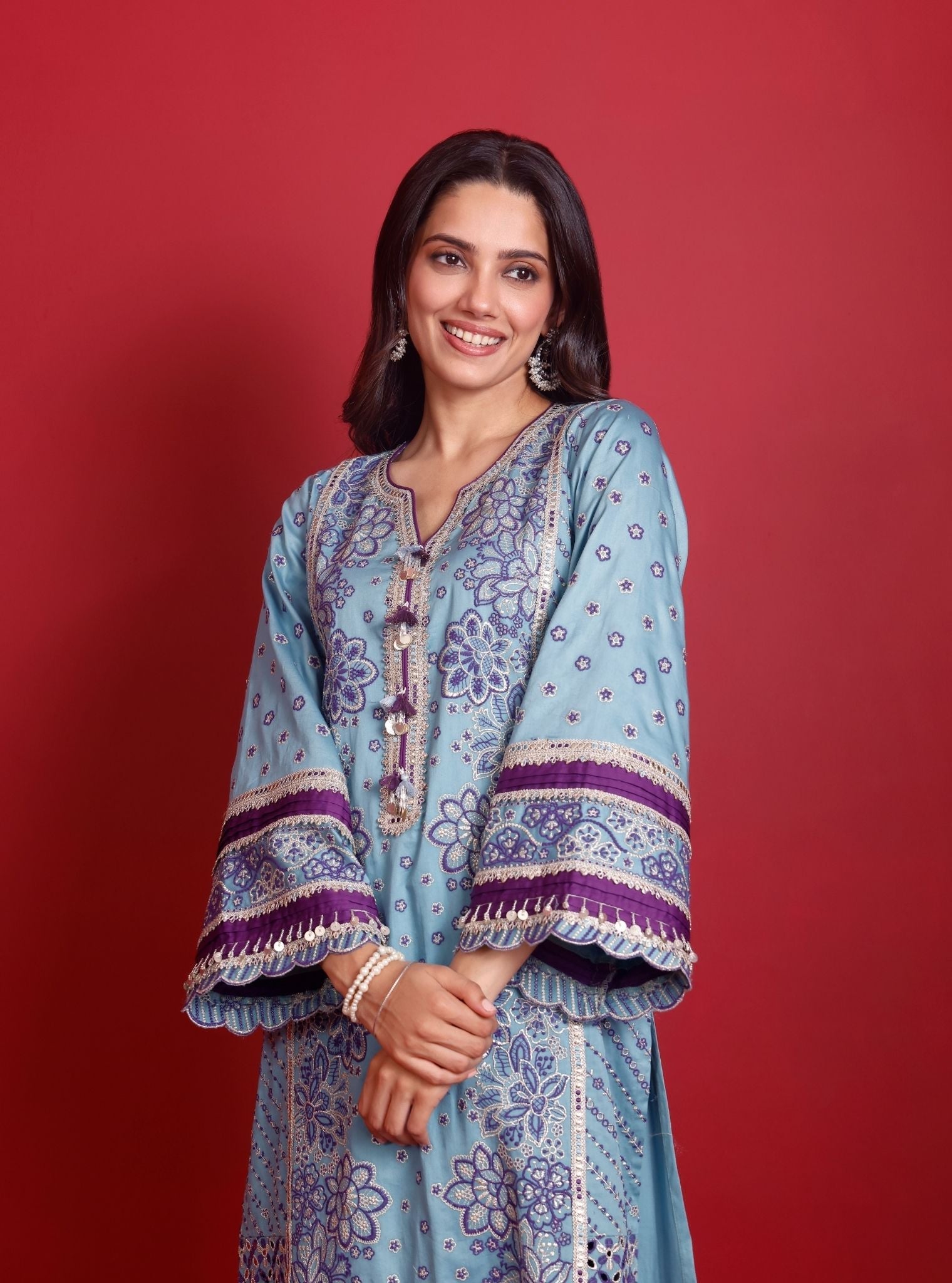 Renu Pima Satin Sky Blue Kurta with Purple Pant Set
