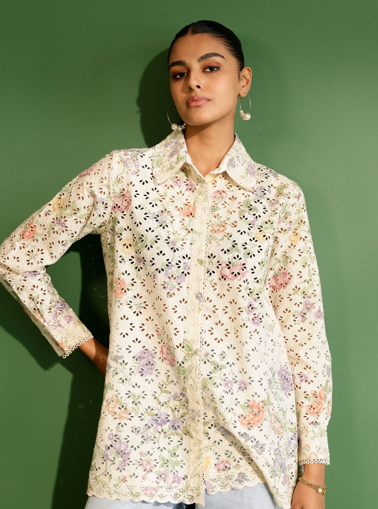 Beatrice Cotton Printed Cream Shirt