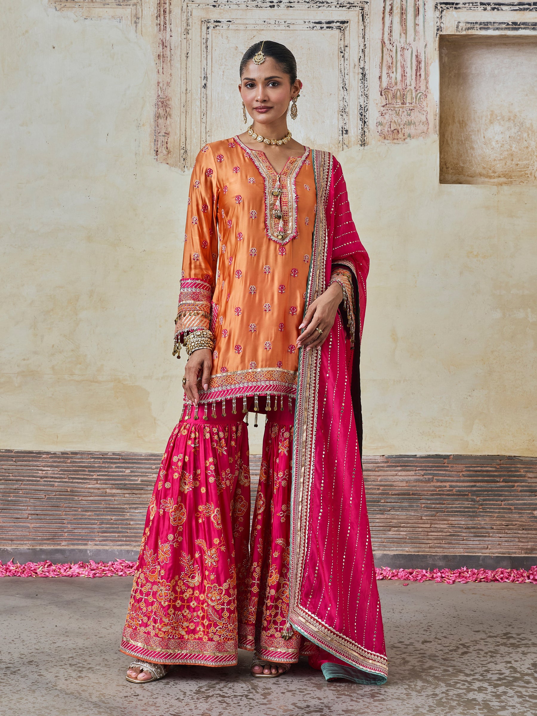 Surkhi Cupro Satin Orange Kurta with Garara