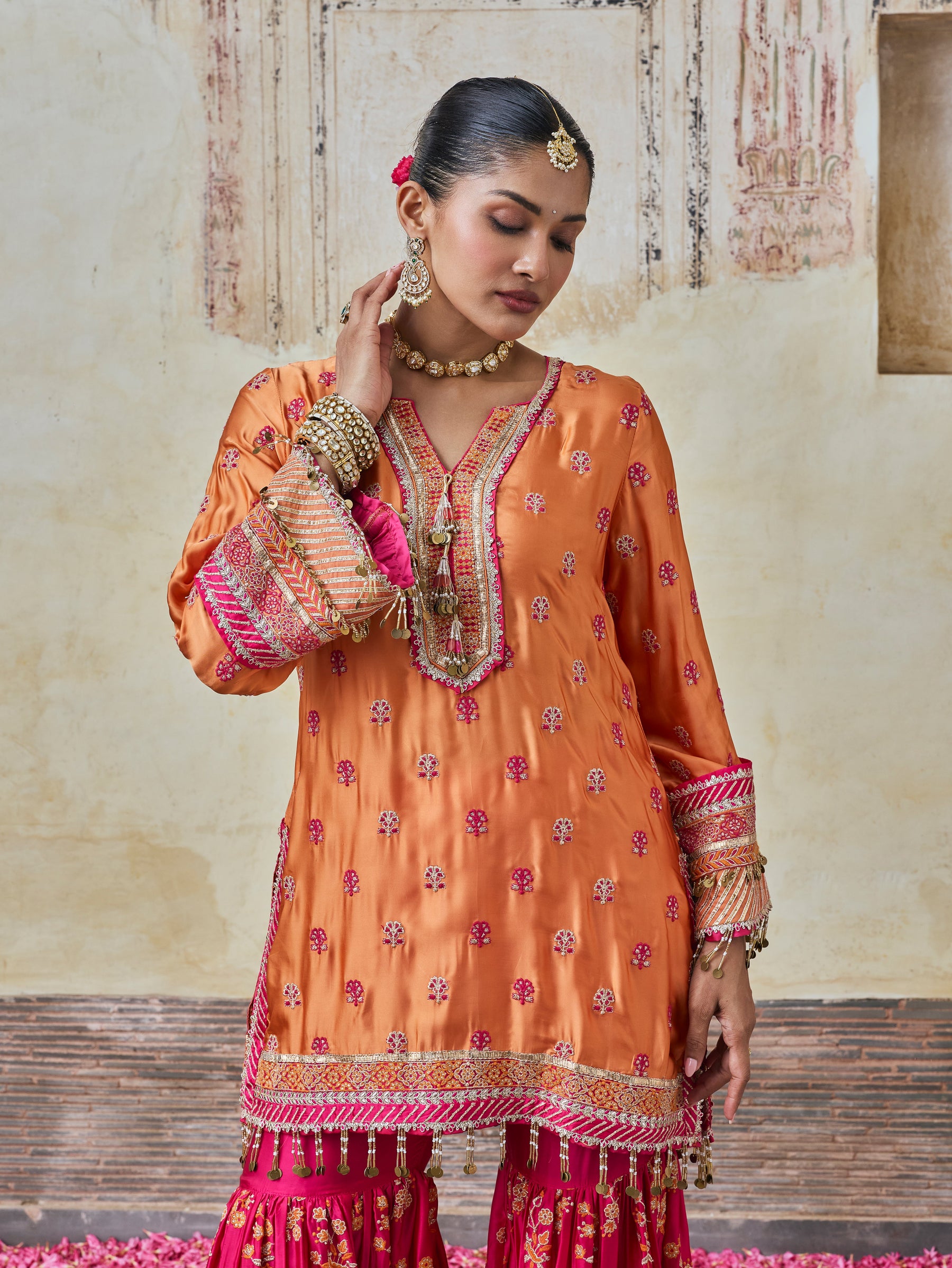 Surkhi Cupro Satin Orange Kurta with Garara