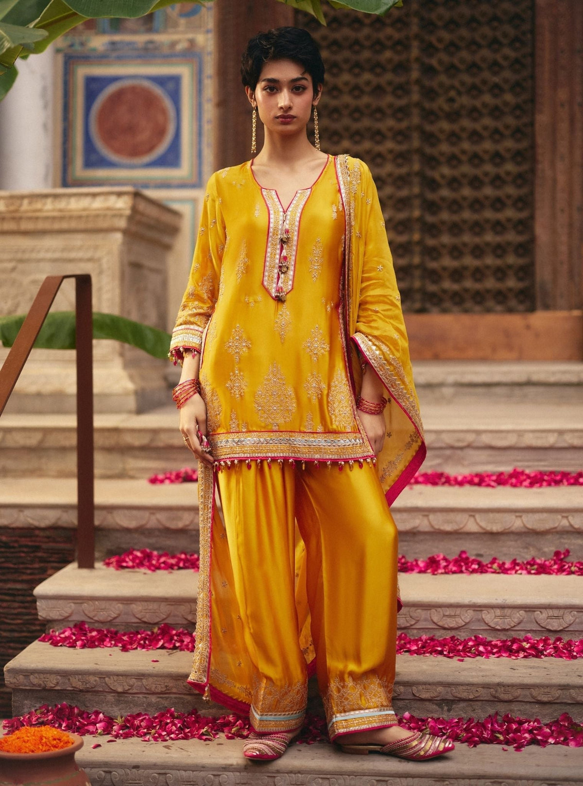 Jaani Cupro Satin Mustard Kurta Set